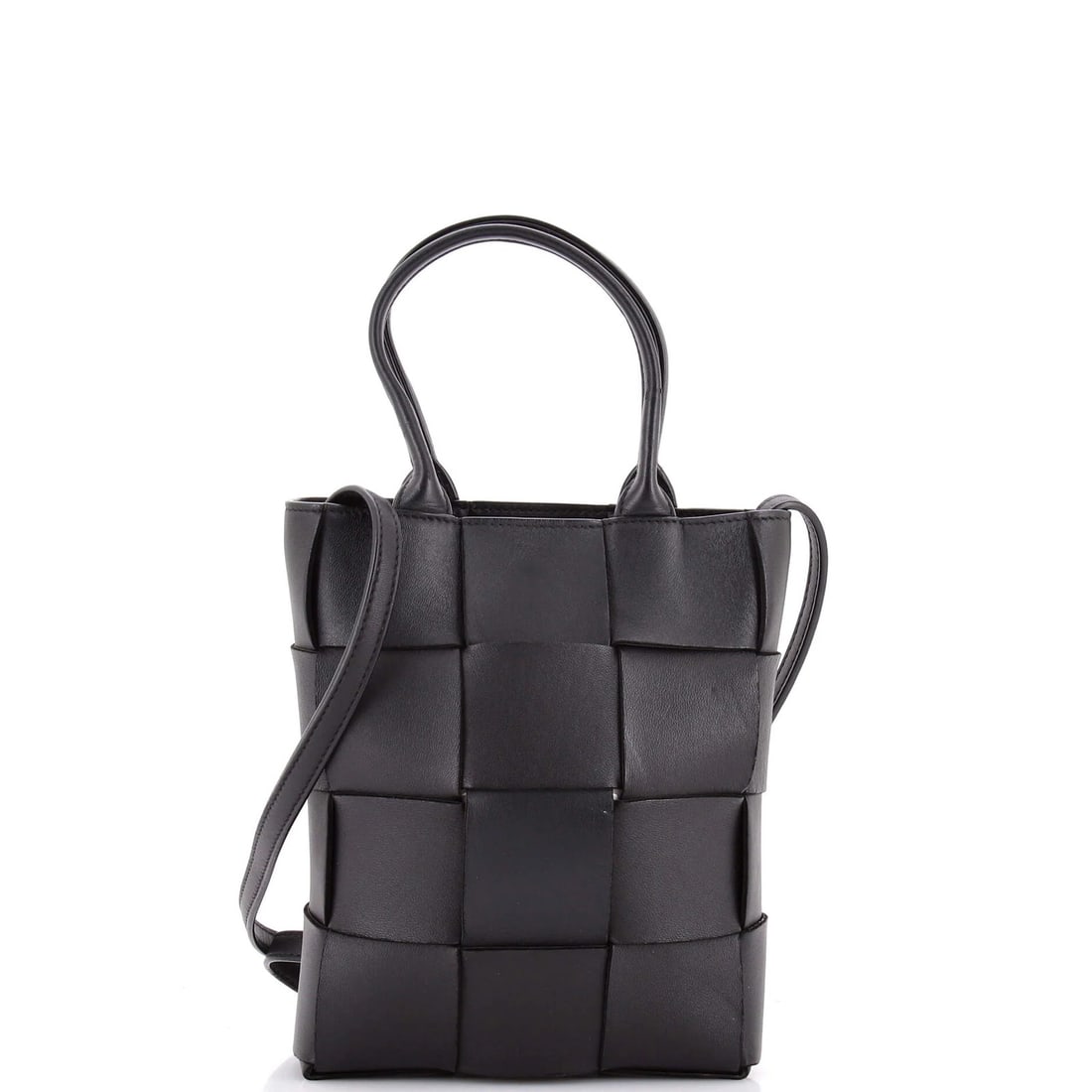 Maxi Mini Cassette Intrecciato Leather Convertible Bottega Tote: Maxi Mini Cassette Intrecciato Leather Convertible Bottega Tote Black Maxi Mini Cassette Convertible Tote with Intrecciato Leather exterior, featuring a convertible design and aged gold hardware.