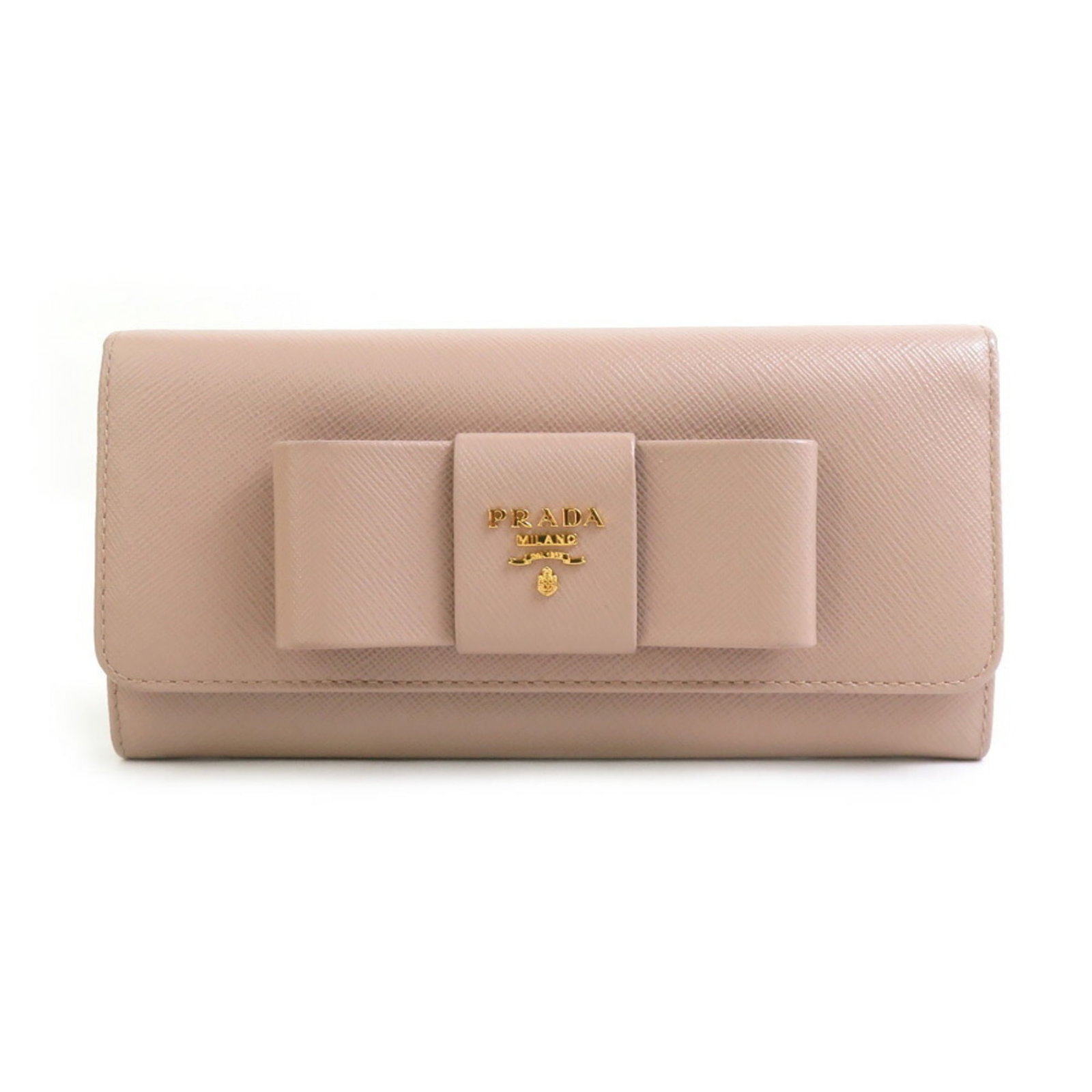 Prada Long Wallet (Bi-Fold) Leather: Prada Long Wallet (Bi-Fold) Leather Pink beige Prada long wallet (bi-fold) with leather material, measuring 9cm x 18.8cm x 2.5cm and comes in a box. This bi-fold wallet features the iconic Prada desig