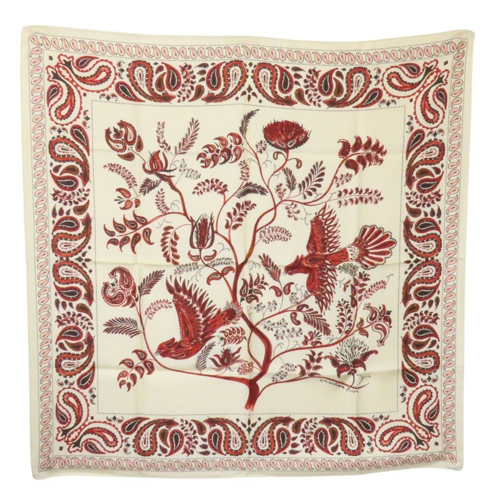 Silk by Christian Dior Scarf: Silk by Christian Dior Scarf Silk by Christian Dior Scarf in vibrant red and white hues, crafted from high-quality silk with a crisp 91cm x 90.5cm size. This elegant accessory comes packaged in a stur