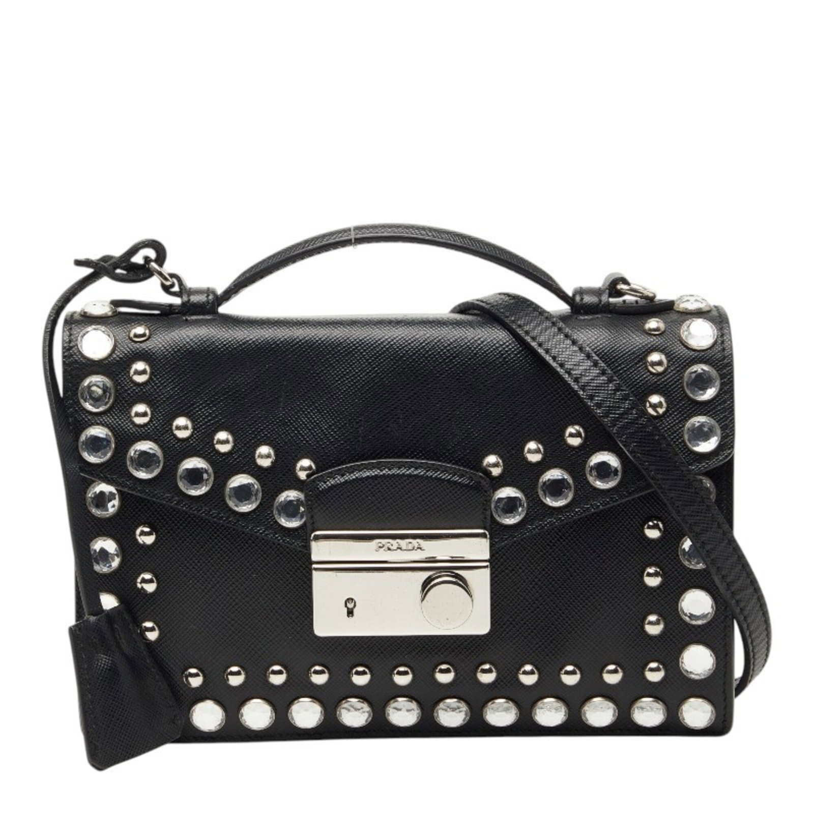 Shoulder Bag Prada Leather Handbag: Shoulder Bag Prada Leather Handbag Saffiano leather construction lends durability to this sleek black shoulder bag from Prada, measuring 13cm x 20cm x 4cm. The classic design and premium materials mak