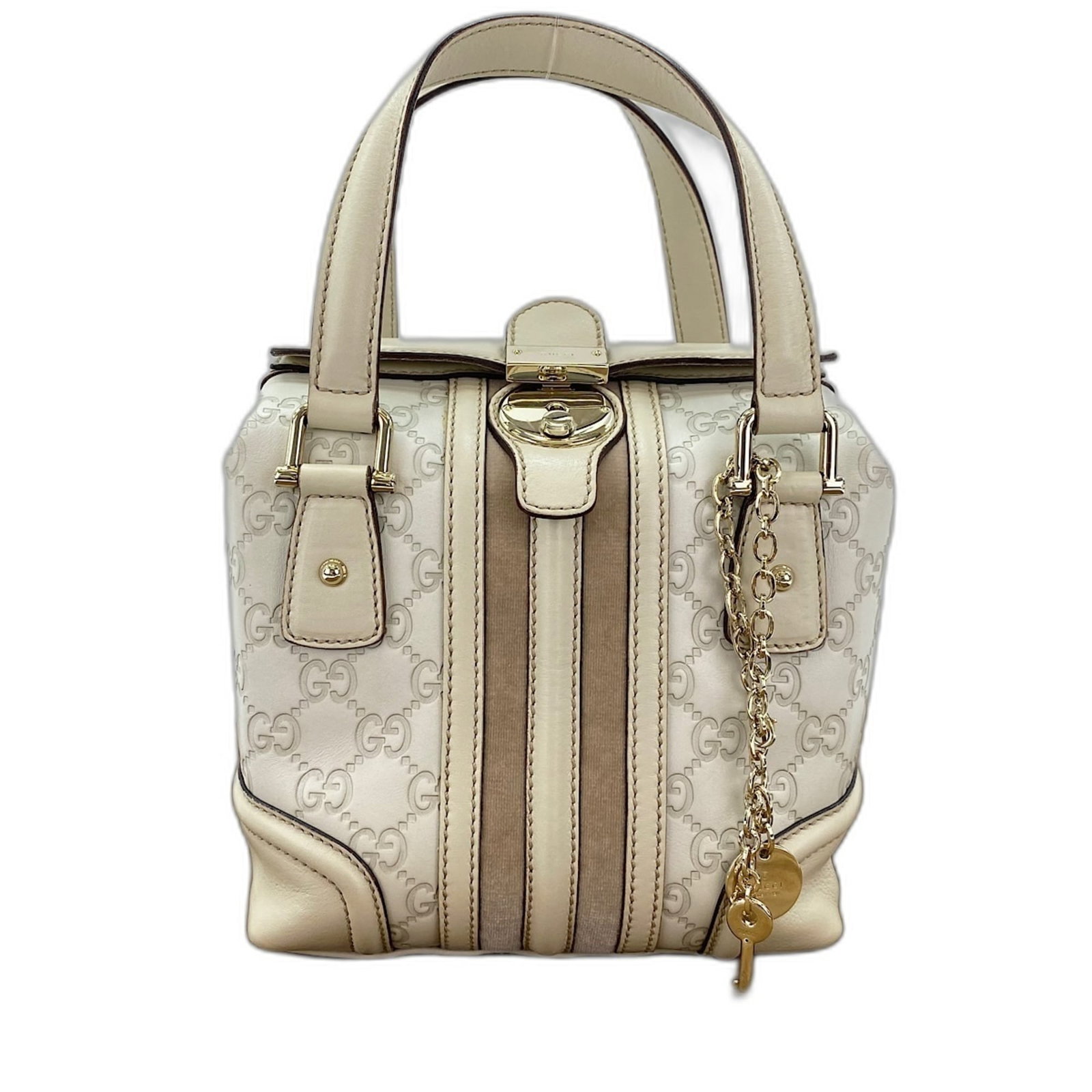 Handbag by Gucci: Handbag by Gucci White Gucci handbag with clean lines and minimalist design, measuring 18cm x 18cm x 12cm. The bag features a sturdy handle drop of 11cm, making it easy to carry. A stylish addition