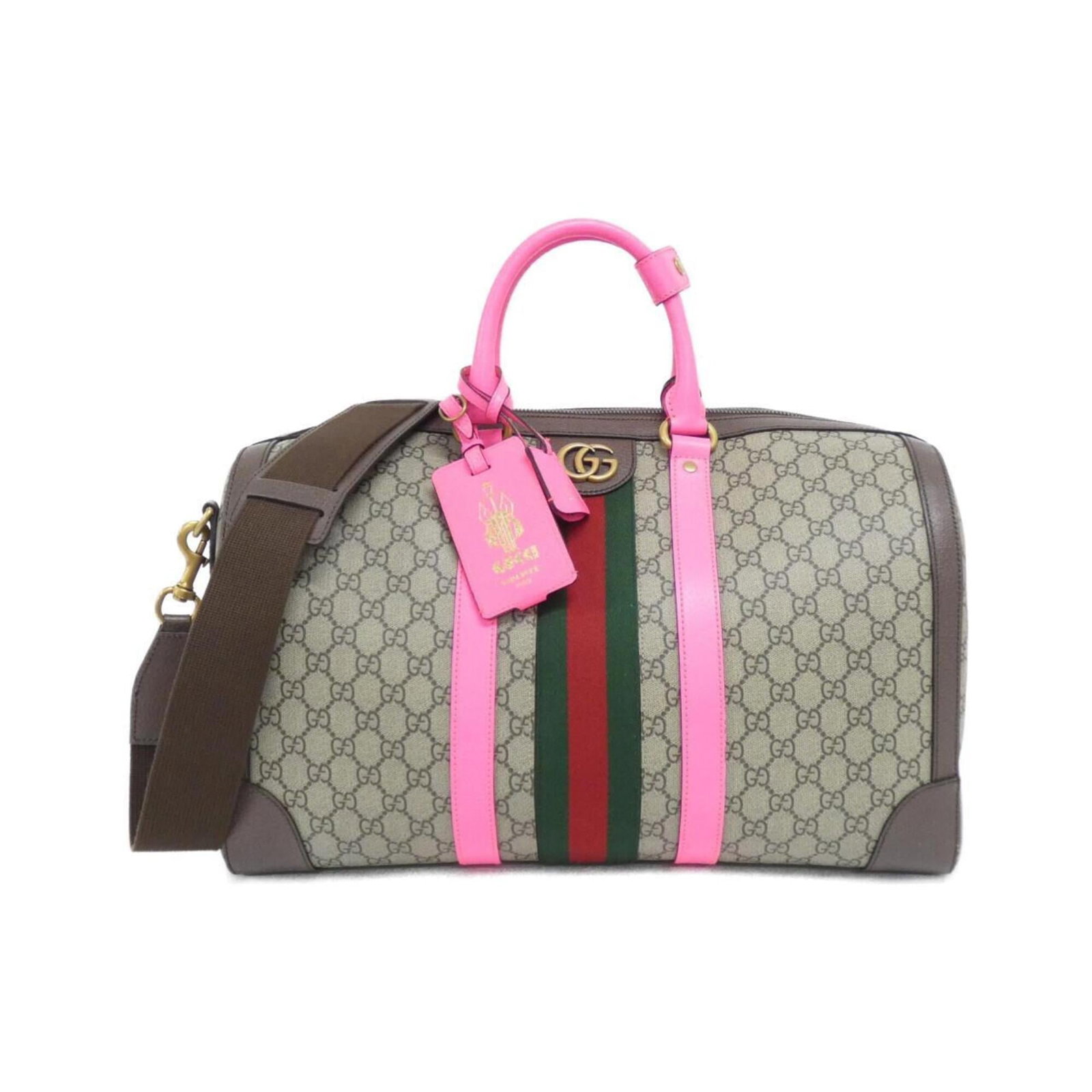 Boston Bag Gg Supreme Canvas Gucci: Boston Bag Gg Supreme Canvas Gucci Gucci's Boston bag boasts a striking combination of beige, brown, and pink hues in its GG Supreme canvas design. Measuring 28.5cm x 44cm x 24.5cm, this stylish acces
