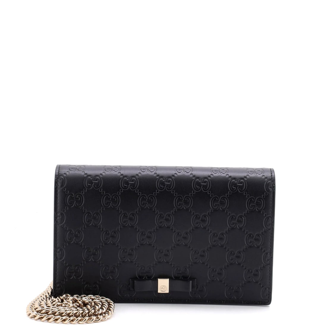 Wallet chain leather signature Gucci: Wallet chain leather signature Gucci Black Gucci leather signature wallet on chain with gold hardware, featuring heavy scuffs throughout and edge wear. The item measures approximately 5" in height, 7.