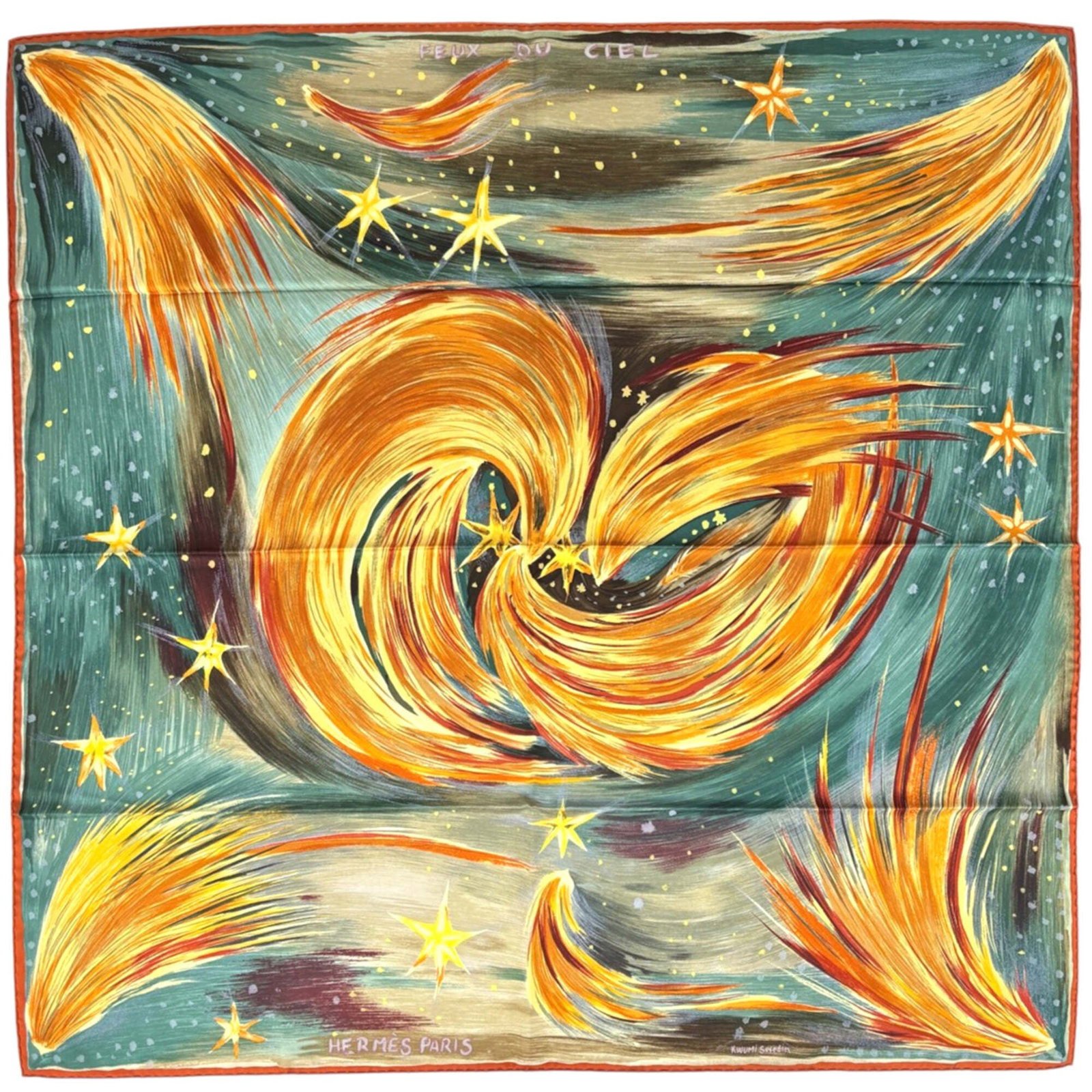 Hermes Silk Scarf: Hermes Silk Scarf Item Specifics: Brand: Hermes Type: Scarf Gender: Women Color: Green, Orange Material: Silk Size (LxW): 89cm x 90.5cm / 35.03'' x 35.62'' Product Disclaimer: Minor wear from age or