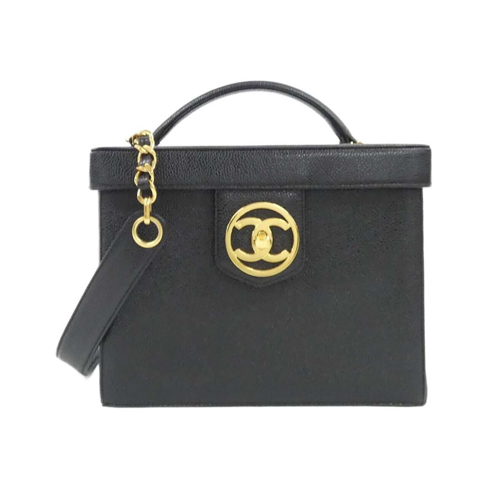 Calfskin Handbag by Chanel: Calfskin Handbag by Chanel Grained Calfskin Handbag by Chanel boasts sleek, sophisticated design with a classic black finish and gold hardware. Made from high-quality material, its timeless style