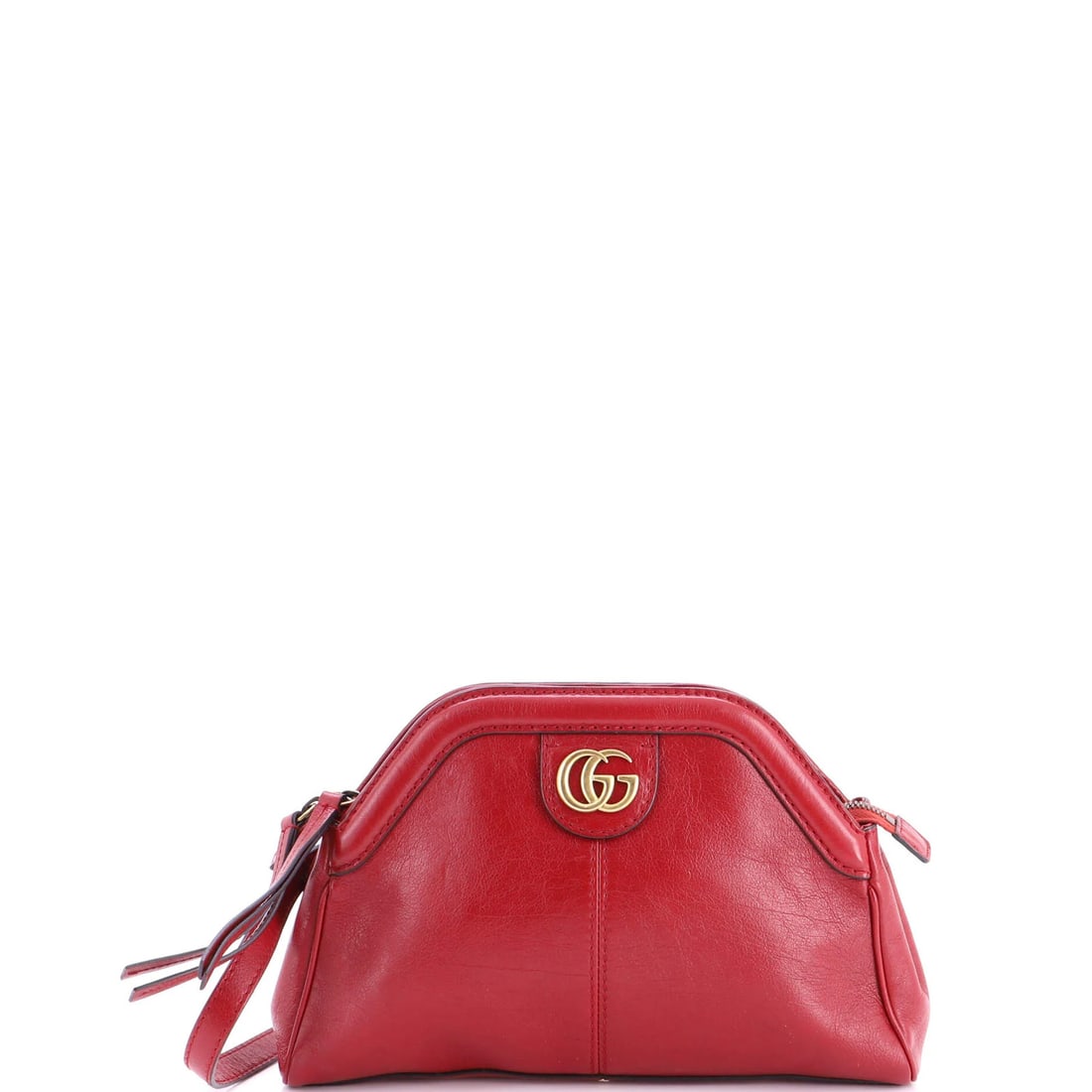 Small Re Belle Gucci Leather Shoulder Bag: Small Re Belle Gucci Leather Shoulder Bag Small Re Belle Gucci Leather Shoulder Bag in vibrant red, featuring classic cross body design with aged gold hardware and neutral interior. Measures 7" tall,