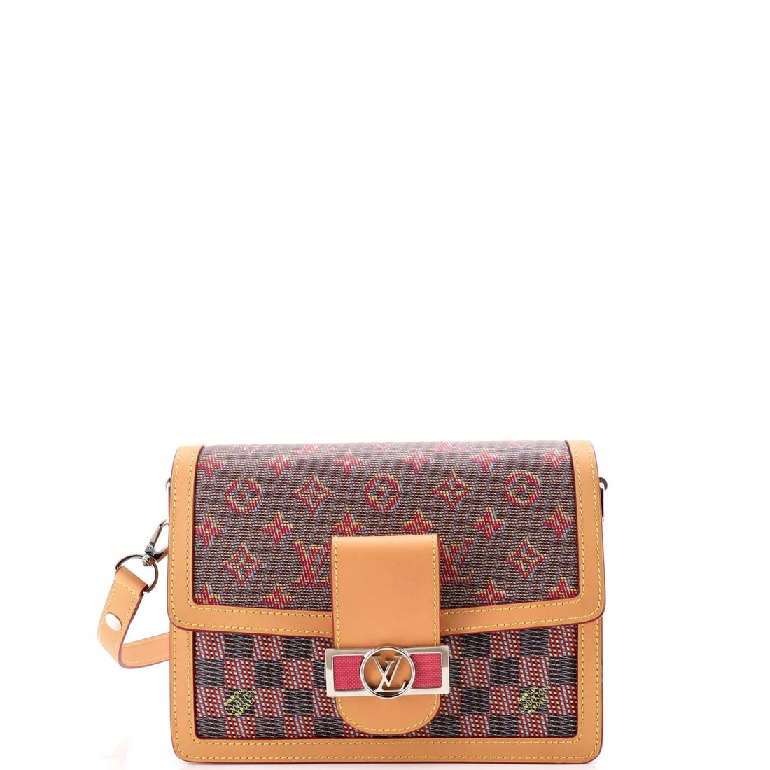 Louis Vuitton Dauphine Shoulder Bag Damier Monogram LV Pop Canvas MM: Louis Vuitton Dauphine Shoulder Bag Damier Monogram LV Pop Canvas MM Red Louis Vuitton Dauphine Shoulder Bag with Damier Monogram LV Pop Canvas MM features a multicolor exterior and yellow microfiber 