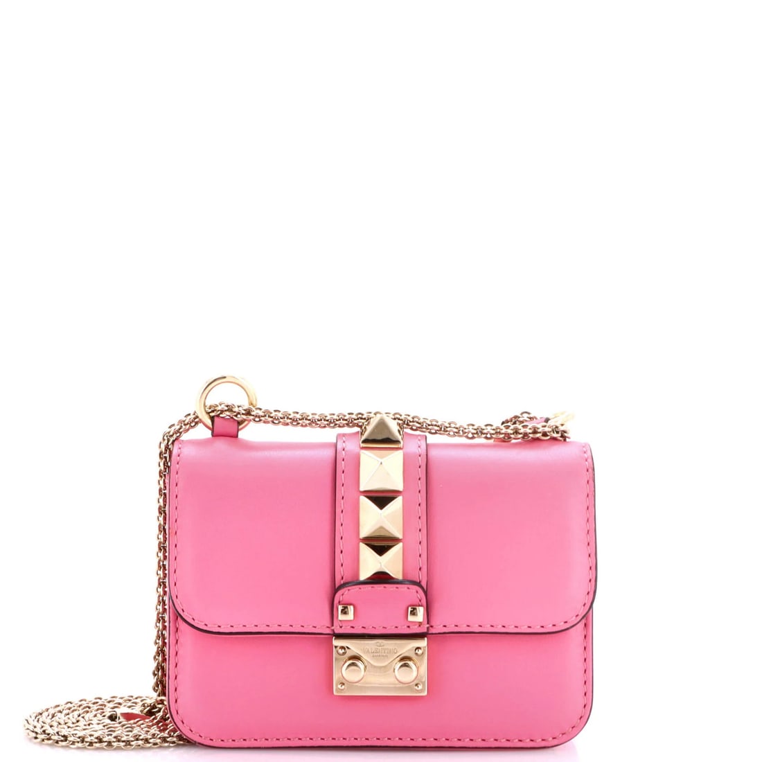 Valentino Garavani Mini Leather Glam Lock Shoulder Bag: Valentino Garavani Mini Leather Glam Lock Shoulder Bag Pink leather mini cross body bag with gold tone hardware, featuring a Glam Lock shoulder strap. The bag measures 4.5" tall and has a 13" handle