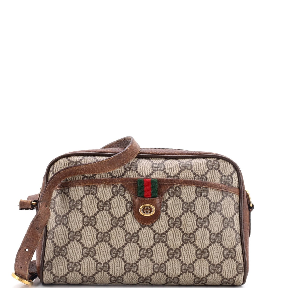Gucci Vintage Web Crossbody Bag GG Coated Canvas Small: Gucci Vintage Web Crossbody Bag GG Coated Canvas Small This Gucci Vintage Web Crossbody Bag GG Coated Canvas Small boasts a unique, vintage charm with its brown canvas and leather exterior. The bag's 
