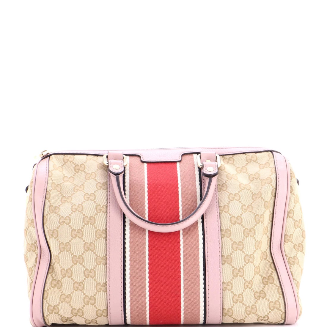 Gucci Vintage Web Boston Bag GG Canvas Medium: Gucci Vintage Web Boston Bag GG Canvas Medium The Gucci Vintage Web Boston Bag GG Canvas Medium boasts a striking pink exterior with subtle touches up on the sides and edges, showcasing its unique