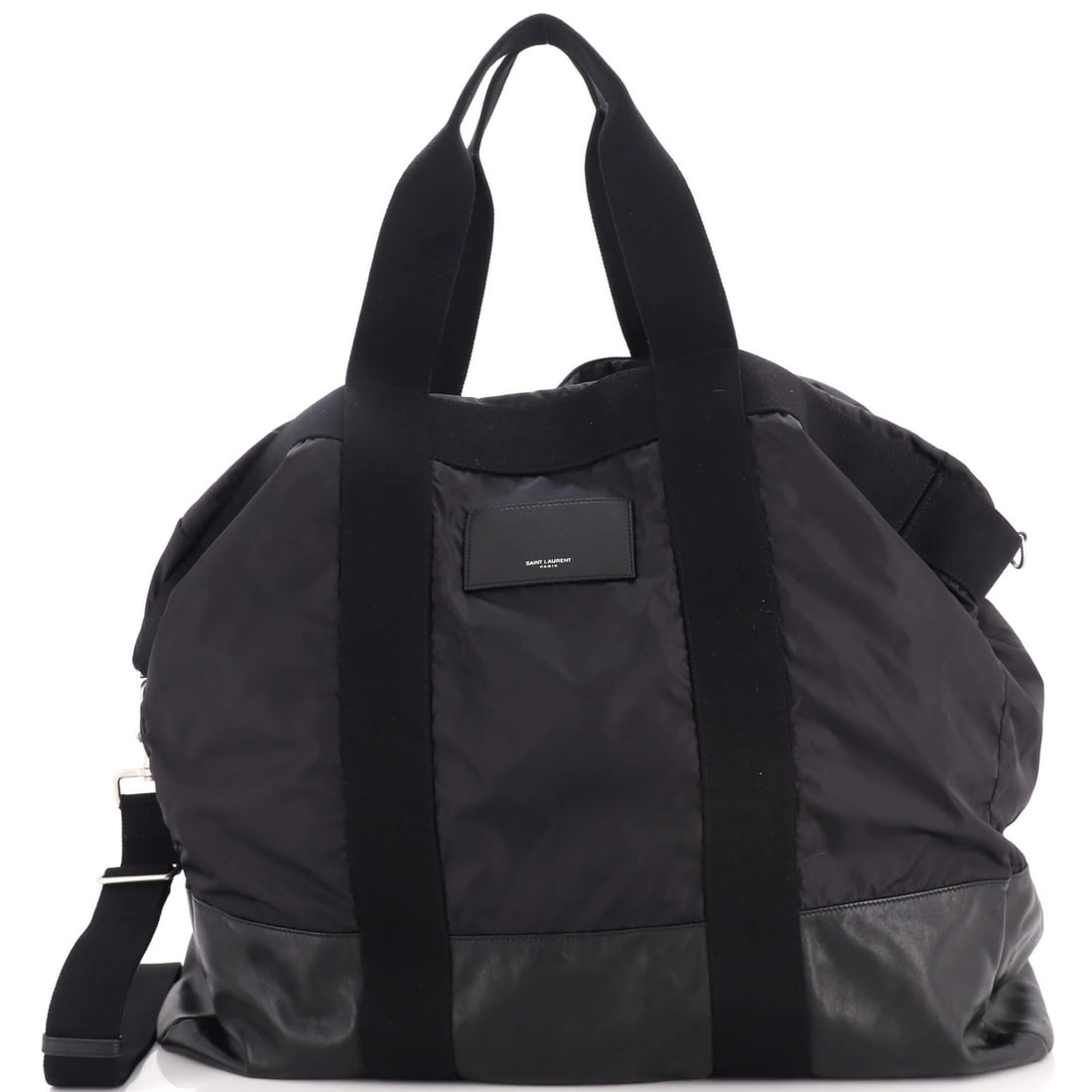 Laurent Saint City Logo Nylon Leather Tote Bag: Laurent Saint City Logo Nylon Leather Tote Bag Black Saint Laurent City Logo Tote Bag with Leather and Nylon Exterior, featuring scuffs, creases, edge wear, and minor stains. Measuring 22" high, 21"