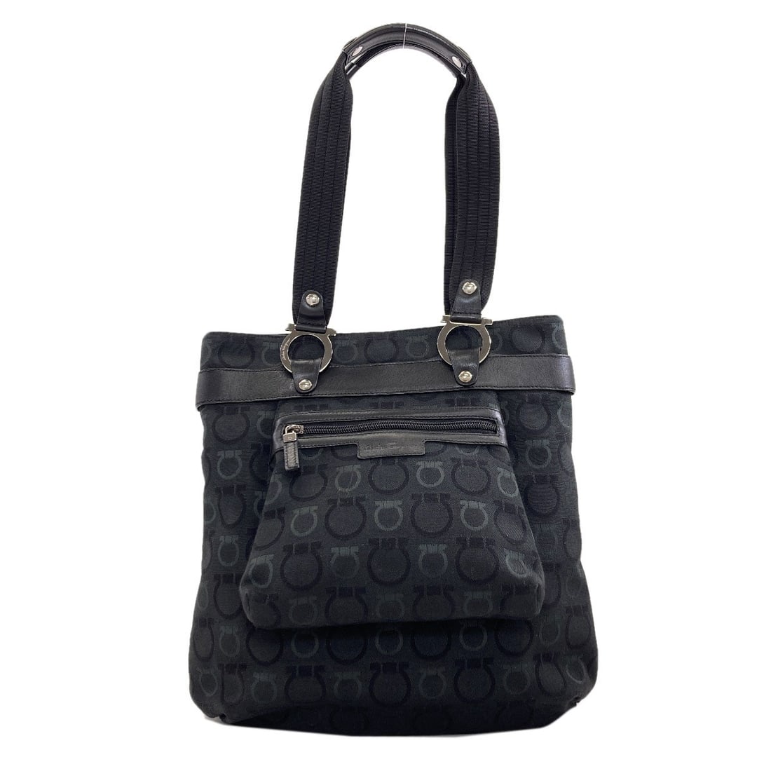 Canvas Salvatore Ferragamo Gancini Bag Hardware Motif Tote: Canvas Salvatore Ferragamo Gancini Bag Hardware Motif Tote Canvas Salvatore Ferragamo Gancini Bag Hardware Motif Tote features black canvas exterior with the iconic bag hardware motif, showcasing a
