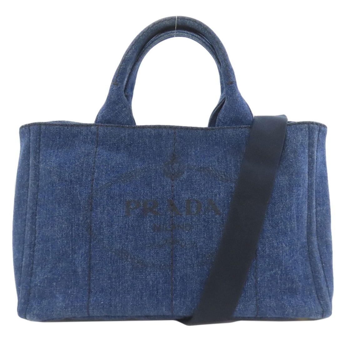 Canapa Prada Handbag Denim 2way: Canapa Prada Handbag Denim 2way Blue denim exterior, characteristic of the PRADA Canapa Prada Handbag style. This handbag features two-way design and blue coloration as specified in its details.