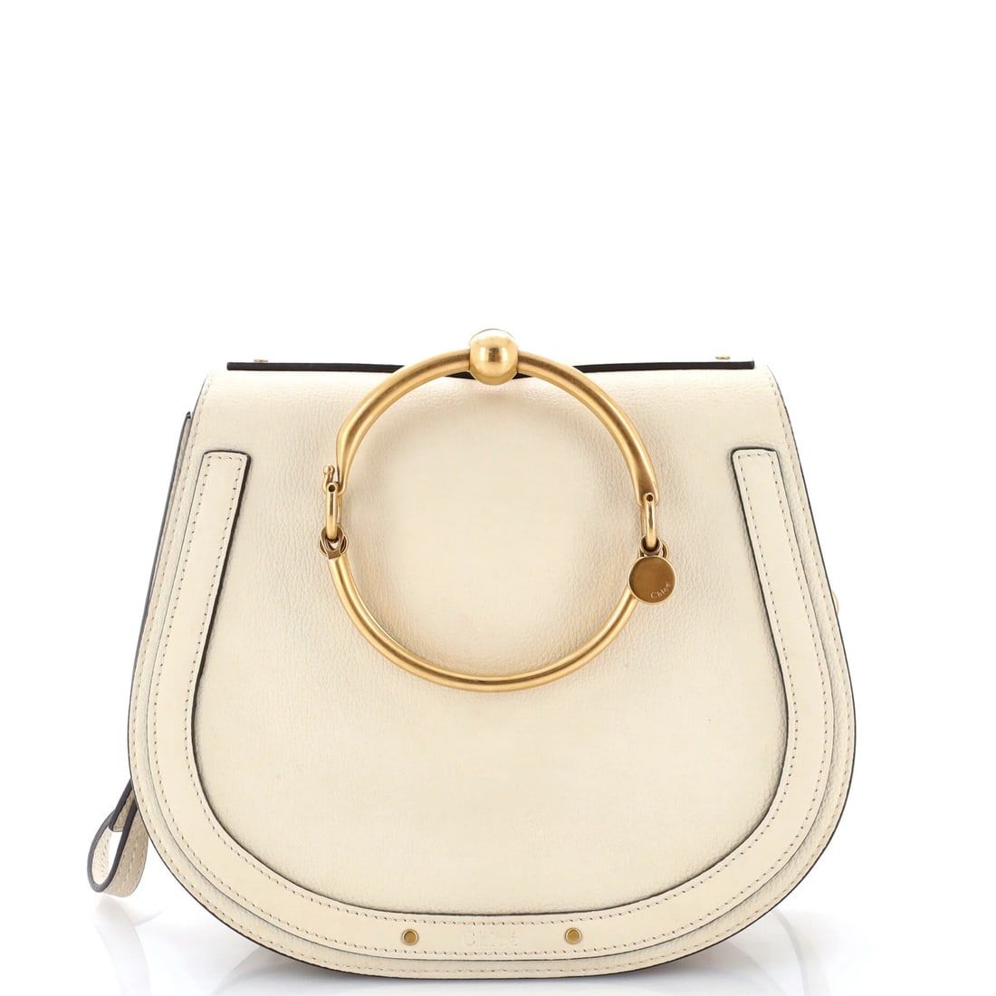Nile Crossbody Bag Leather Medium Chloe: Nile Crossbody Bag Leather Medium Chloe Medium-sized leather crossbody bag with neutral exterior and suede interior, featuring gold hardware. Measuring 8" high x 9.5" wide x 3" deep, it has a handle