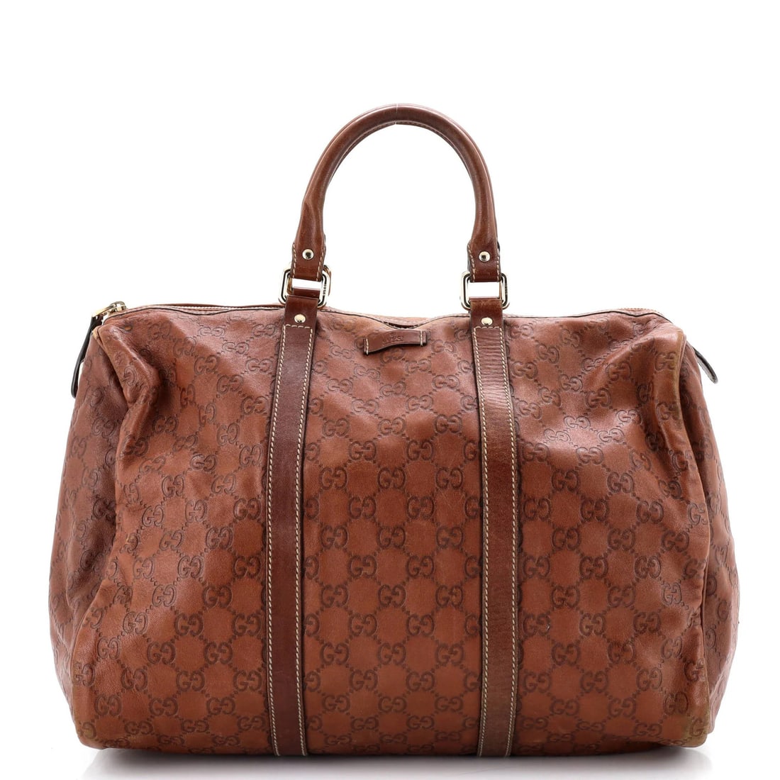 Gucci medium leather bag joy Guccissima Boston: Gucci medium leather bag joy Guccissima Boston The Gucci medium leather bag Joy Guccissima Boston boasts a rich, brown exterior with heavy corner wear and scuffs. Measuring 9" high, 12" wide, and 7"