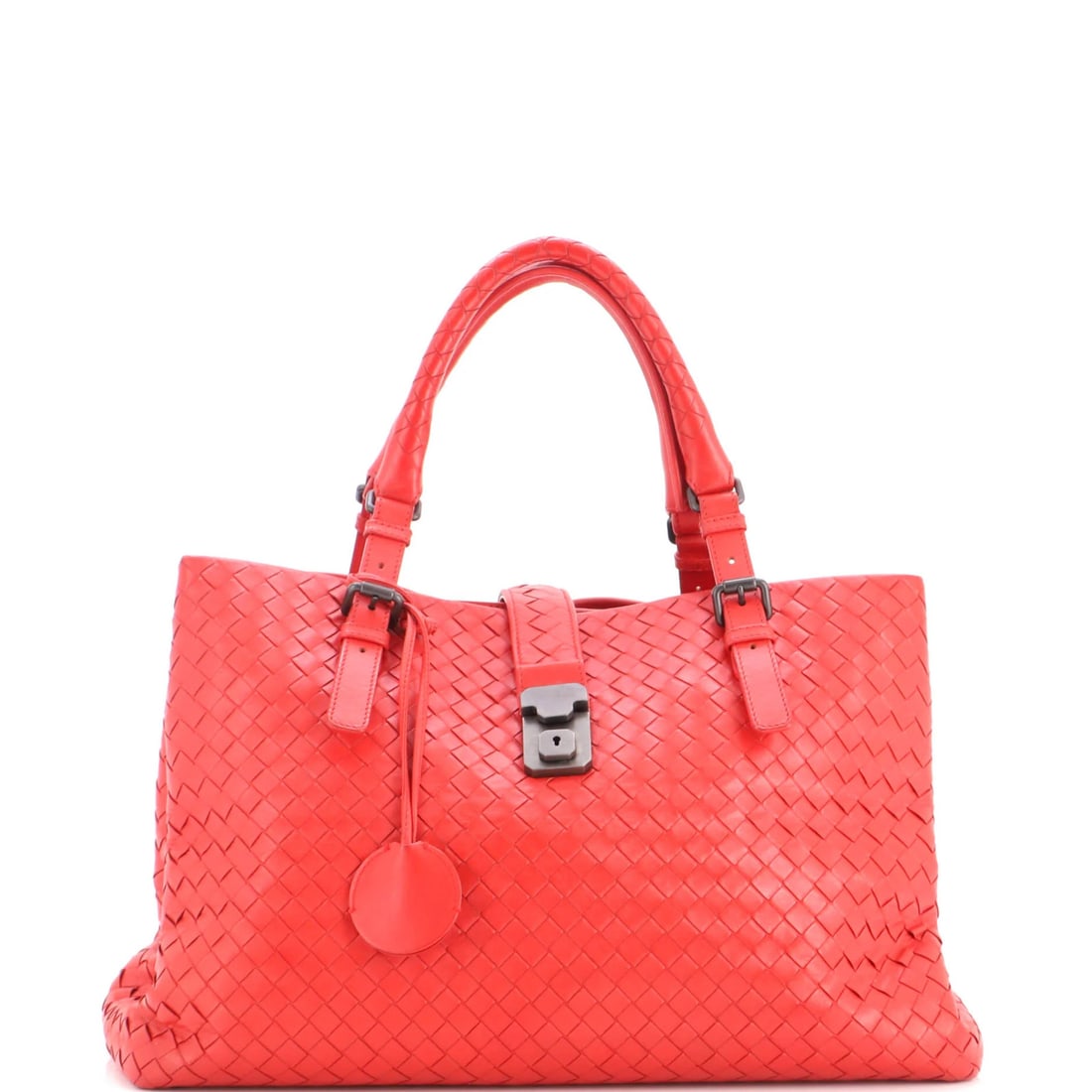 Veneta Roma Nappa Intrecciato Bottega Medium Bag: Veneta Roma Nappa Intrecciato Bottega Medium Bag The Veneta Roma Nappa Intrecciato Bottega Medium Bag boasts a striking red exterior, crafted from rich leather with iconic intrecciato patterns. Measur