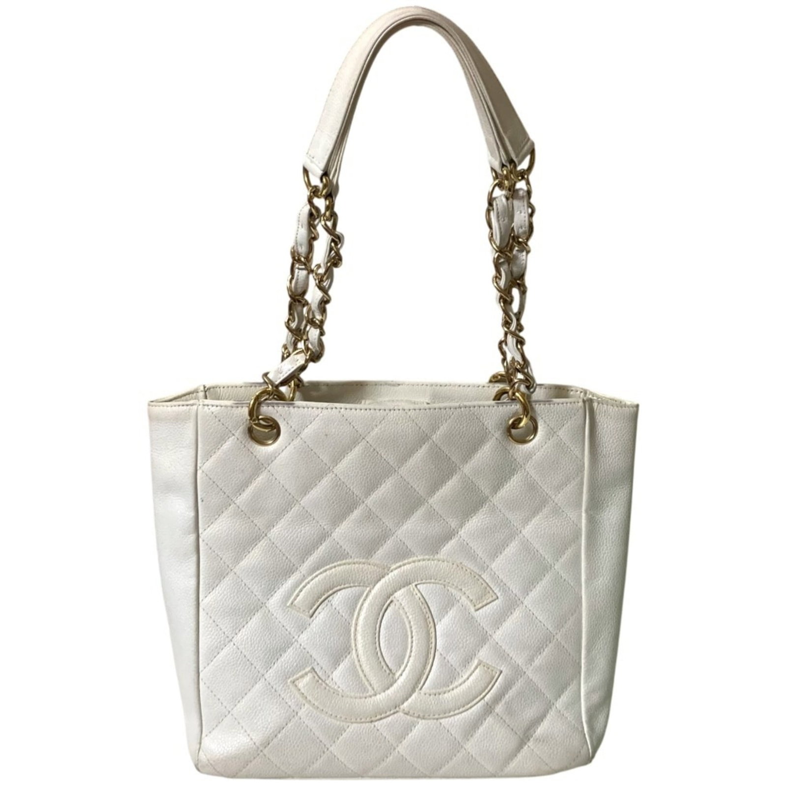 Calfskin Grained Chanel Bag: Calfskin Grained Chanel Bag Calfskin Grained Chanel Bag for sale. This white, shoulder bag features grained calfskin material and measures 23cm x 25cm x 9cm. Its classic design makes it a timeless