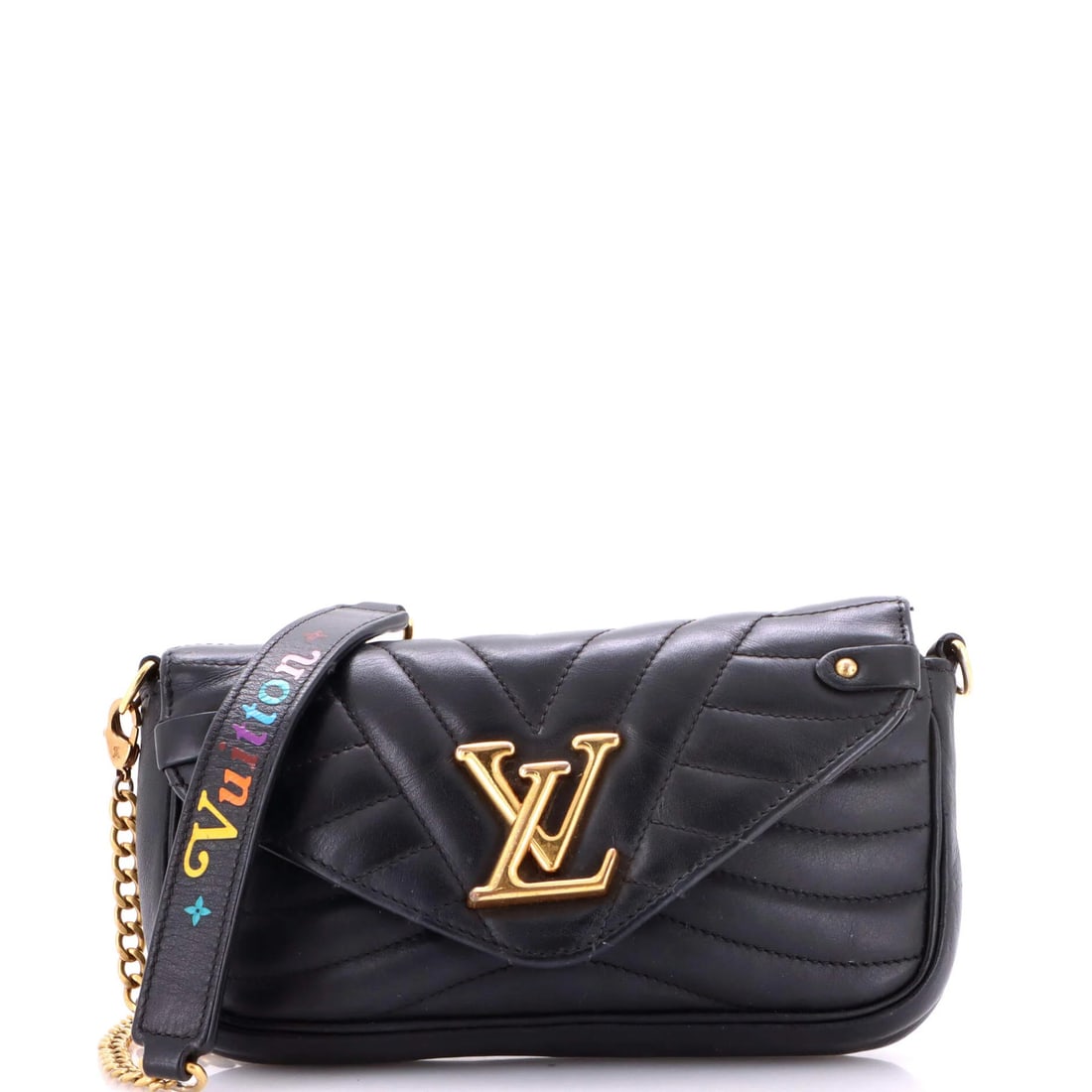 Quilted Leather Chain Pochette New Wave Louis Vuitton: Quilted Leather Chain Pochette New Wave Louis Vuitton Black quilted leather chain pochette with gold hardware, featuring a classic New Wave design. This stylish clutch measures 4" x 7.5" x 1" and