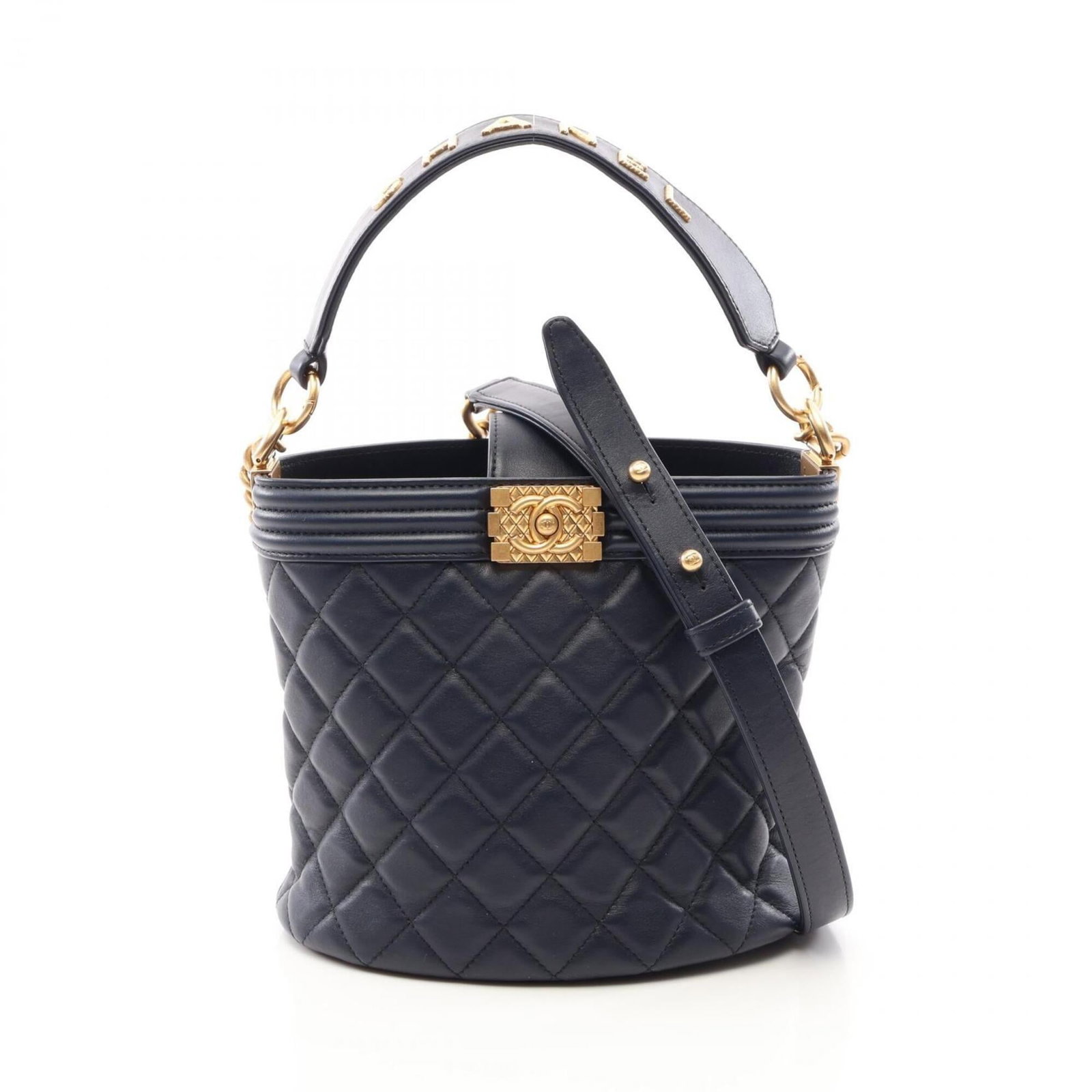 Chanel Handbag Shoulder Bag Leather: Chanel Handbag Shoulder Bag Leather Navy lambskin leather Chanel shoulder bag with classic design and timeless elegance. Measuring 17cm x 20cm x 13cm, this luxurious handbag features high-quality