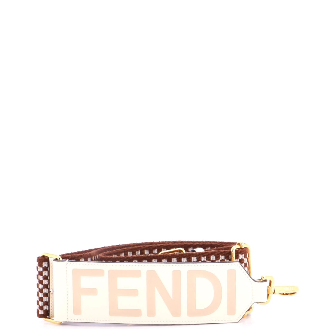 Fendi logo strap canvas leather shoulder check: Fendi logo strap canvas leather shoulder check Neutral canvas and leather exterior, featuring the iconic Fendi logo strap check design. Minor odor, scuffs, and discoloration throughout, with scratches