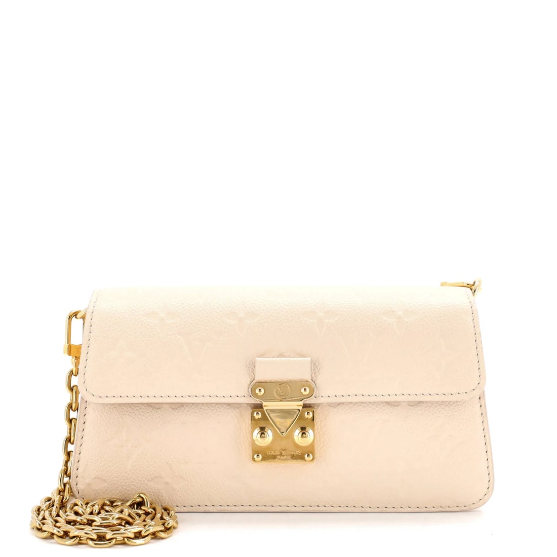 Monogram Empreinte Leather Wallet Chain Pochette Louis Vuitton: Monogram Empreinte Leather Wallet Chain Pochette Louis Vuitton Monogram Empreinte Leather Wallet Chain Pochette Louis Vuitton features a neutral exterior with scuffs, edge wear, and corner wear. The