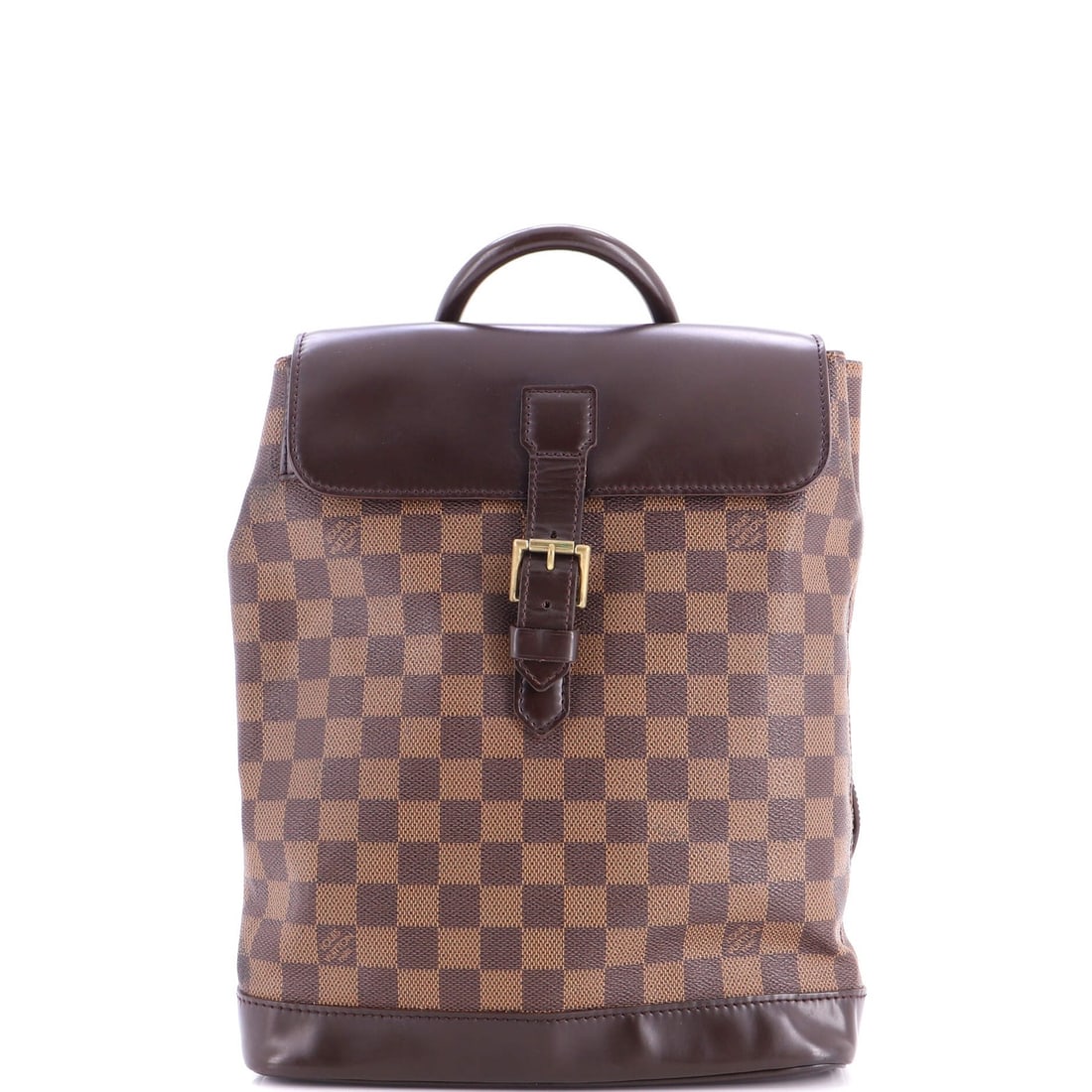 Damier backpack from Louis Vuitton Soho: Damier backpack from Louis Vuitton Soho Brown Damier canvas coated Louis Vuitton Soho backpack with gold hardware and red interior, featuring scuffs on exterior handles and straps, minor creases and c