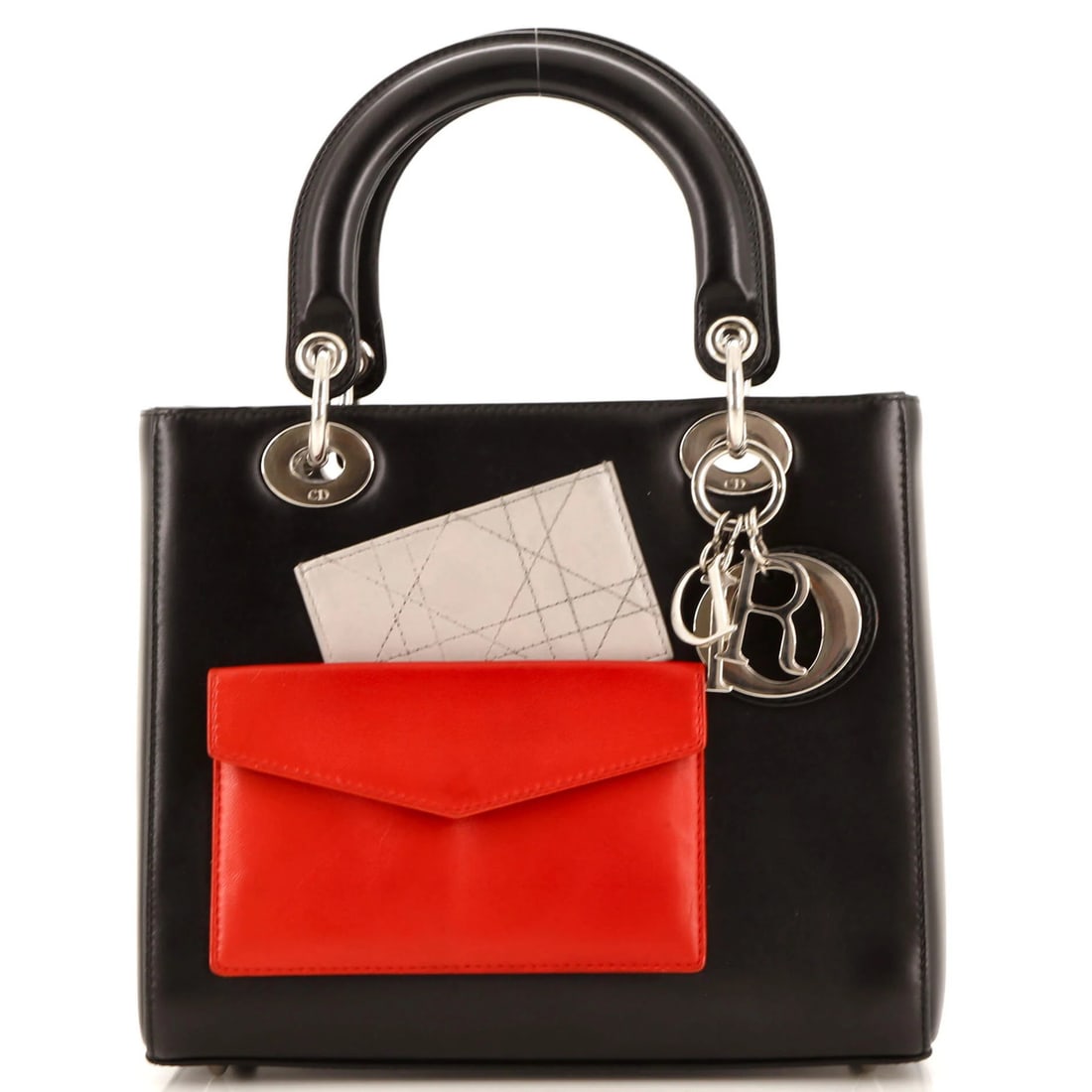 Christian Dior Leather Lady Pockets Bag Medium: Christian Dior Leather Lady Pockets Bag Medium Christian Dior's iconic Leather Lady Pockets Bag Medium boasts sleek black leather exterior with silver hardware, complemented by a spacious interior and