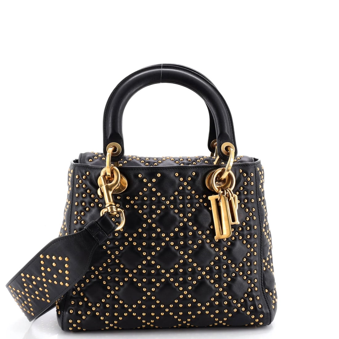 Dior Lady Dior Bag Cannage Studded Lambskin Medium Christian: Dior Lady Dior Bag Cannage Studded Lambskin Medium Christian Black Lady Dior Bag Cannage Studded Lambskin Medium features a classic design with studded lambskin exterior and aged gold hardware. This m