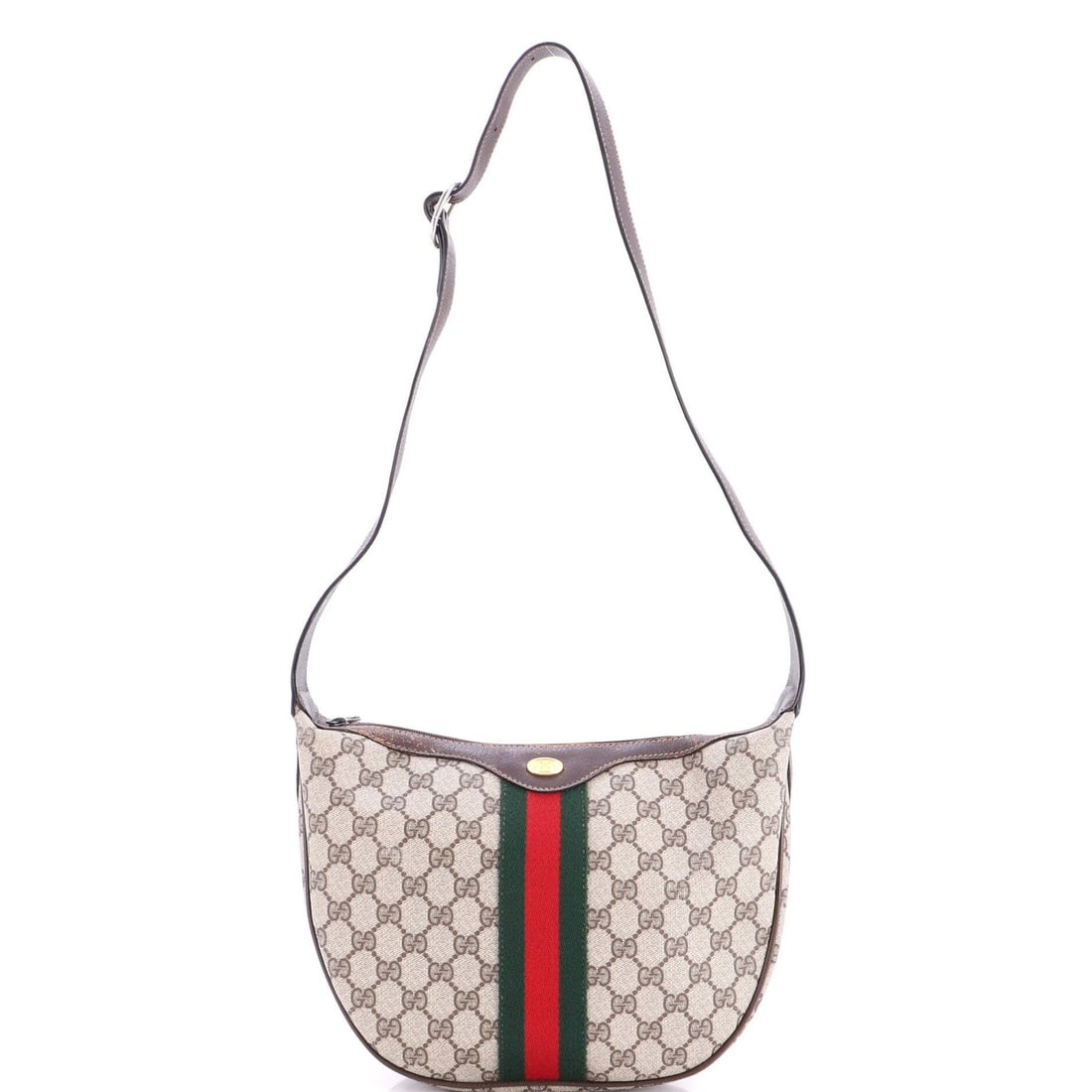 Gucci Small Hobo Zip Canvas Coated Vintage Half Moon GG: Gucci Small Hobo Zip Canvas Coated Vintage Half Moon GG Small, stylish Gucci Hobo Zip Canvas Coated Vintage Half Moon GG in brown canvas exterior with neutral microfiber interior and gold hardware. Fe