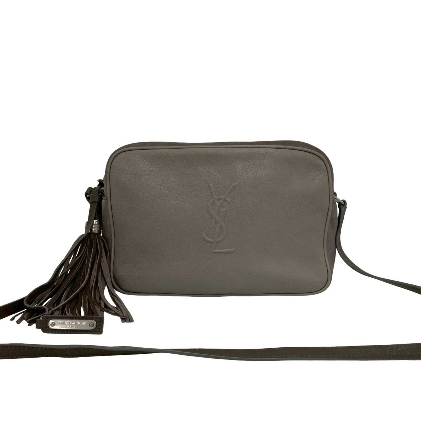 Pochette Bag Shoulder Leather by Saint Laurent: Pochette Bag Shoulder Leather by Saint Laurent Gray leather pochette bag with clean lines and subtle sophistication, measuring 16cm x 23cm x 6cm. A classic shoulder design that exudes understated eleg