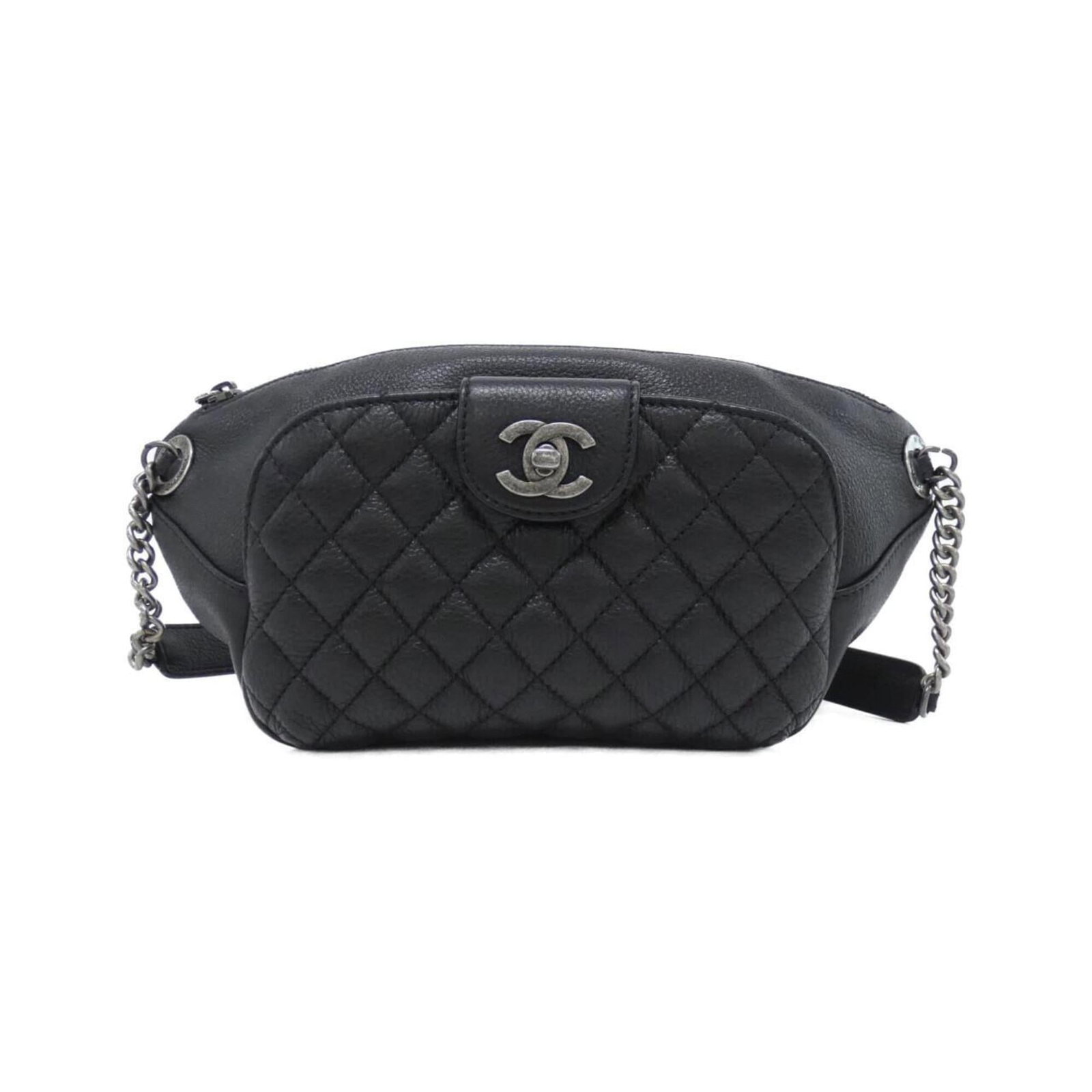 Fanny Pack Leather By Chanel: Fanny Pack Leather By Chanel Black Calfskin Fanny Pack from Chanel, measuring 16cm x 20cm x 5cm. Made from high-quality leather, this stylish accessory features a sleek design and classic Chanel