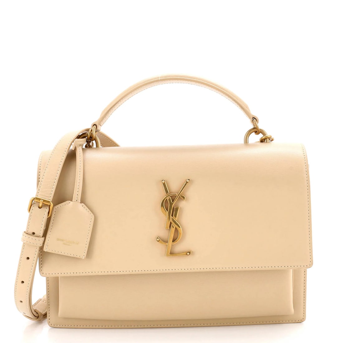 Laurent Saint Sunset Top Medium Leather Shoulder Bag: Laurent Saint Sunset Top Medium Leather Shoulder Bag The Laurent Saint Sunset Top Medium Leather Shoulder Bag boasts a neutral exterior with minor edge wear and scuffs, adding subtle character to its 