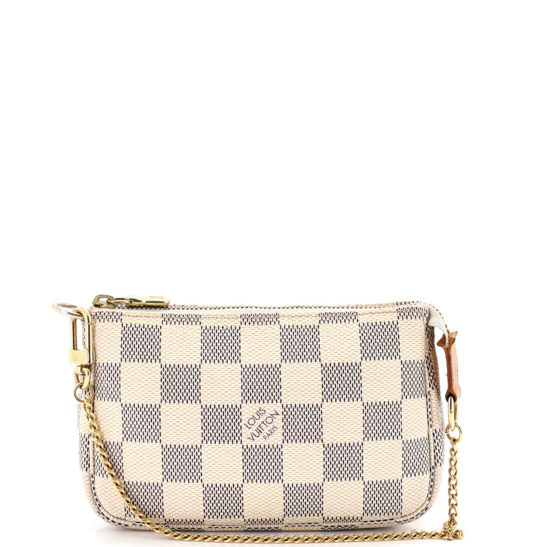 Louis Vuitton Pochette Accessoires Damier Mini: Louis Vuitton Pochette Accessoires Damier Mini White canvas coated Louis Vuitton Pochette Accessoires Damier Mini clutch features a neutral interior and gold hardware. Measuring 4" in height, 6" in