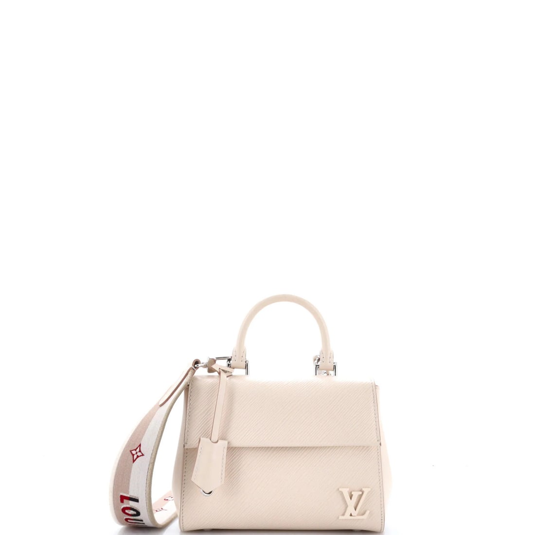 Mini Epi Leather Bag Top Handle Louis Vuitton Cluny: Mini Epi Leather Bag Top Handle Louis Vuitton Cluny White Epi Leather Mini Cluny Top Handle Louis Vuitton Bag. Features a neutral interior, silver hardware, and minor scuffs on the exterior. Measures 