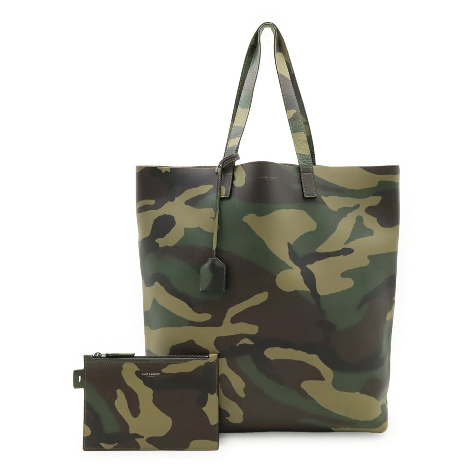 Saint Laurent Yves Pouch Tote Leather Bag: Saint Laurent Yves Pouch Tote Leather Bag Camouflage and Khaki color options available in the Saint Laurent Yves Pouch Tote Leather Bag. This stylish tote features a classic design with a 39cm x