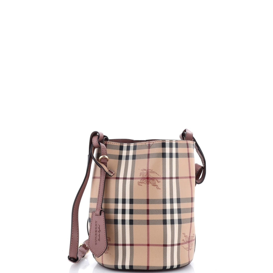 Burberry Coated Canvas Small Lorne Haymarket Bucket Bag: Burberry Coated Canvas Small Lorne Haymarket Bucket Bag Burberry's iconic Lorne Bucket Bag in pink canvas coated exterior features a stylish and versatile design. With its small size, gold tone