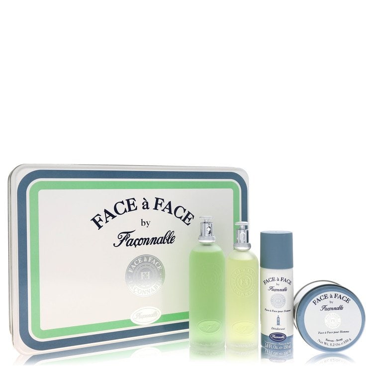 Face A Face by Faconnable Gift Set -- 5 oz Eau De Toilette Spray + 5 oz Deodorant Spray + 3.3 oz: Face A Face by Faconnable Gift Set -- 5 oz Eau De Toilette Spray + 5 oz Deodorant Spray + 3.3 oz After Shave + 5 oz Soap Face A Face by Faconnable Gift Set features a refreshing, spicy, lavender, ambe