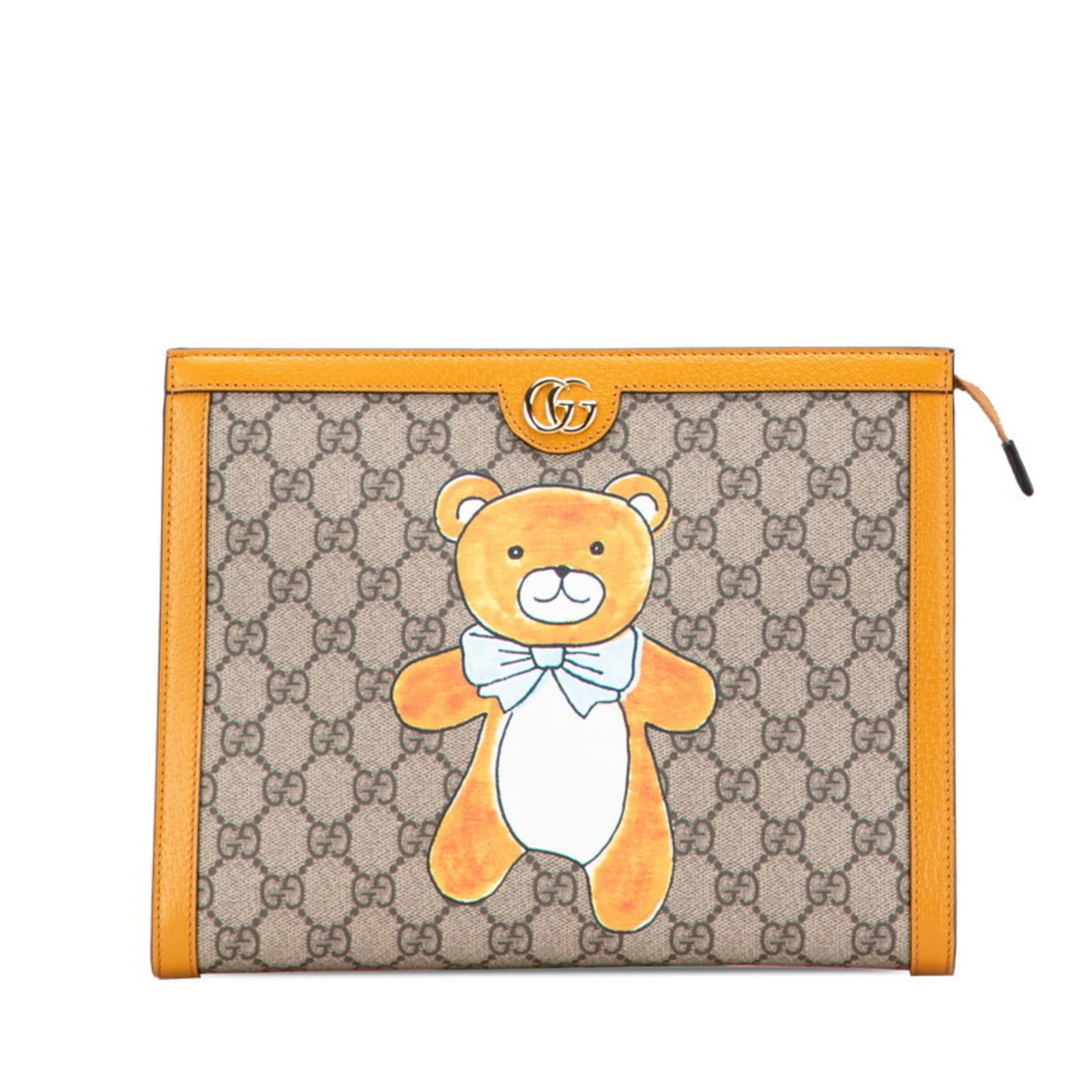 Gucci Clutch Bag Pvc Leather: Gucci Clutch Bag Pvc Leather Gucci Clutch Bag Pvc Leather features a unique combination of PVC and leather materials, presented in a striking beige and orange color scheme. The bag's compact size and 