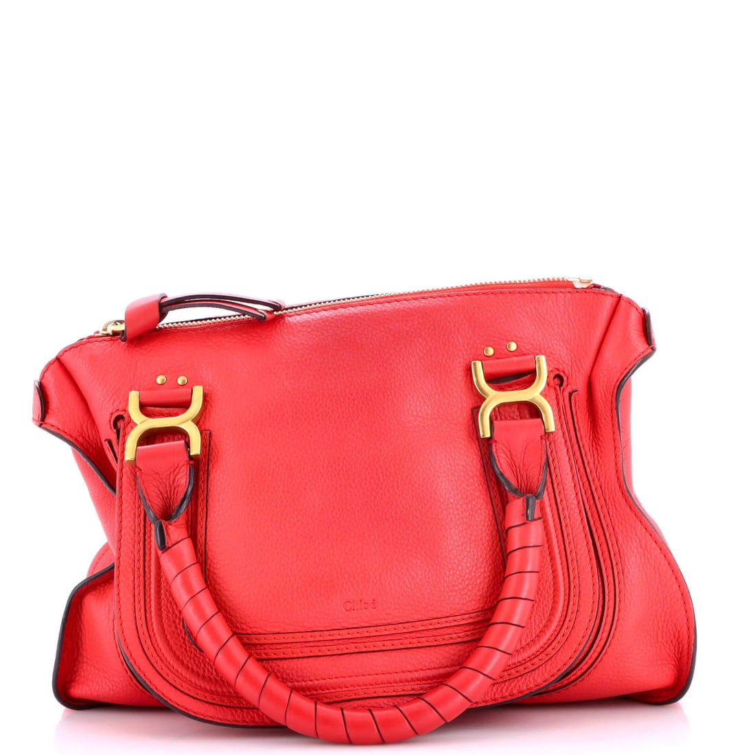 Chloe Marcie Shoulder Bag Leather Large: Chloe Marcie Shoulder Bag Leather Large Chloe Marcie Shoulder Bag Leather Large in bold red exterior. This large shoulder bag features leather exterior with moderate cracking and minor scuffs, while i