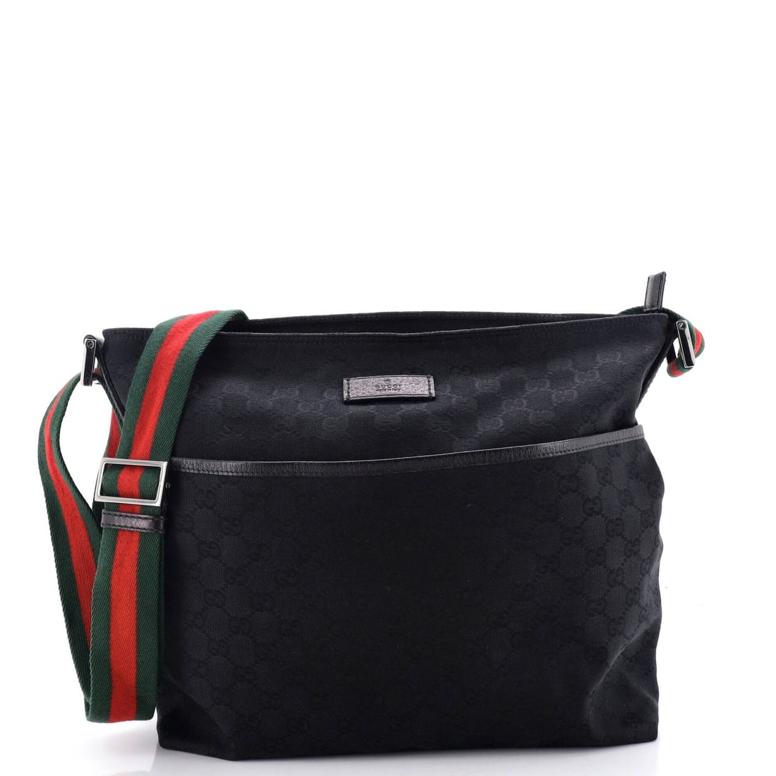 Gucci Front Pocket Web Messenger GG Canvas Medium: Gucci Front Pocket Web Messenger GG Canvas Medium Black Gucci Front Pocket Web Messenger GG Canvas Medium bag features a classic messenger design with a medium size and front pocket. The exterior