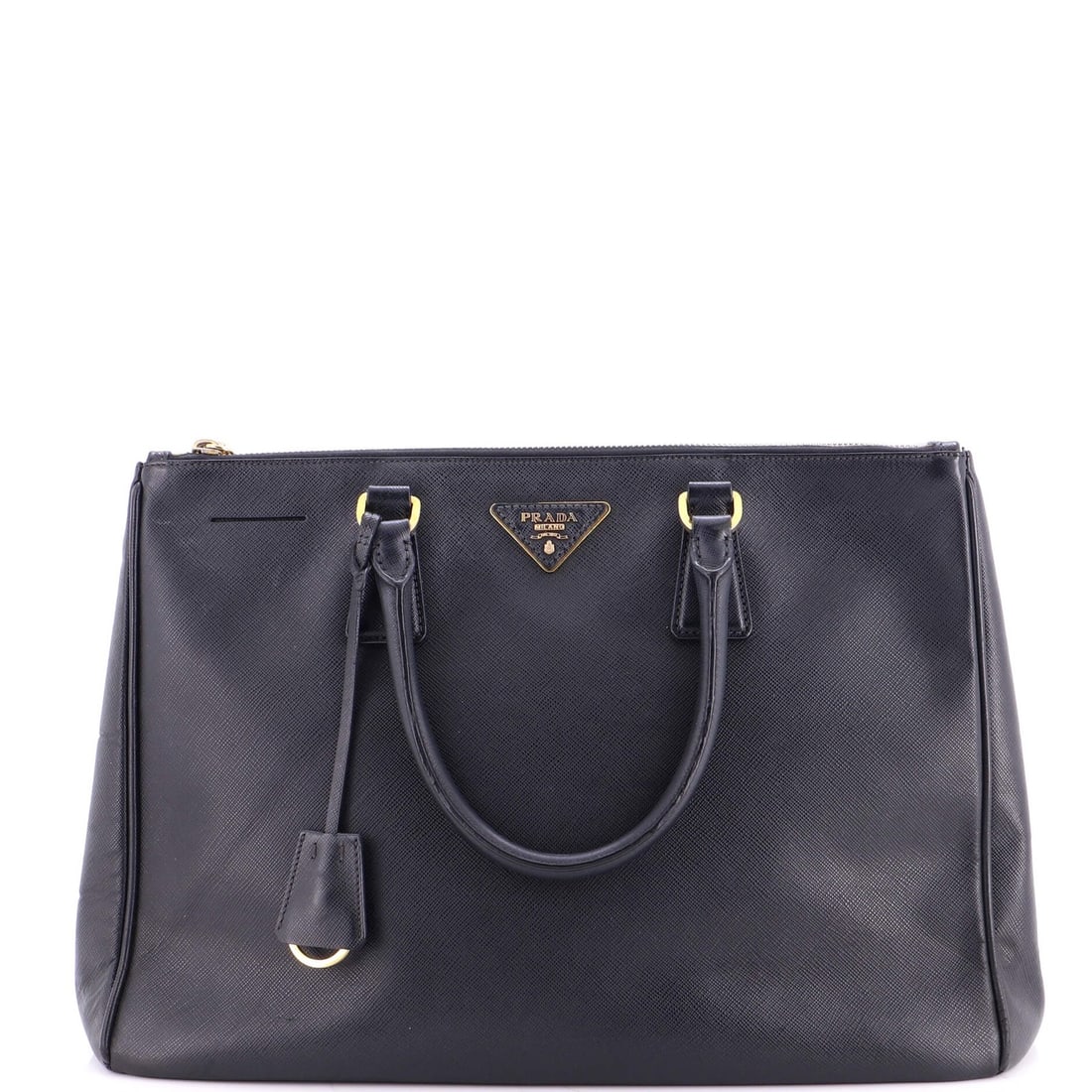 Lux Tote Saffiano Leather Large Double Prada: Lux Tote Saffiano Leather Large Double Prada Black Saffiano Leather Lux Tote with Double Zip Closure, featuring gold hardware and interior lining. Measuring 10.5" high, 14" wide, and 6" deep, this lar