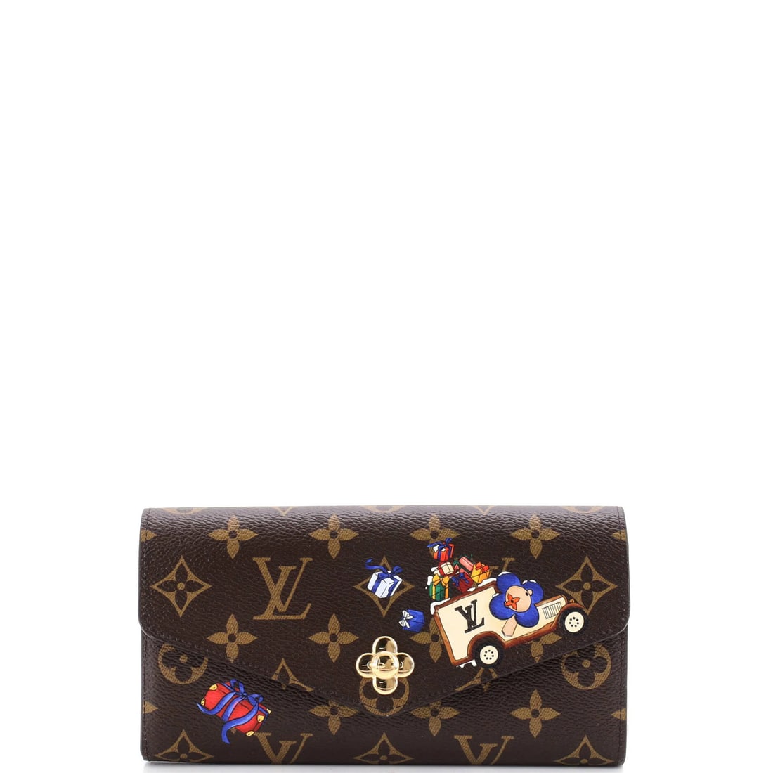 Limited Edition Vivienne Xmas Monogram Canvas Louis Vuitton Sarah NM Wallet: Limited Edition Vivienne Xmas Monogram Canvas Louis Vuitton Sarah NM Wallet Brown Canvas Coated Limited Edition Vivienne Xmas Monogram Wallet from Louis Vuitton's Sarah Collection, featuring a gold in