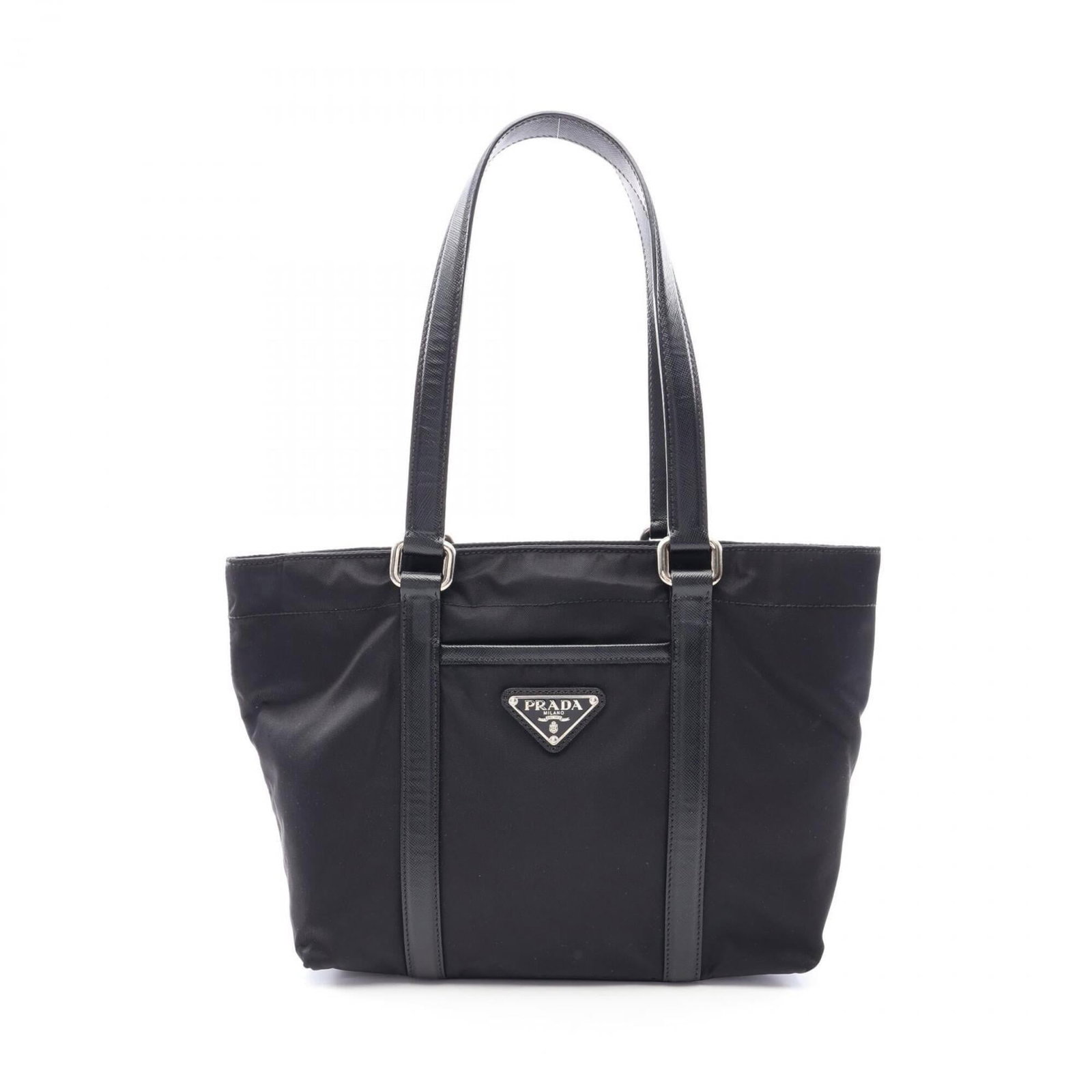 Nylon leather Prada tote bag: Nylon leather Prada tote bag Saffiano leather Prada tote bag in black, featuring a classic design with durable nylon and high-quality leather construction. Measuring 22cm x 25cm x 11cm, the bag boasts