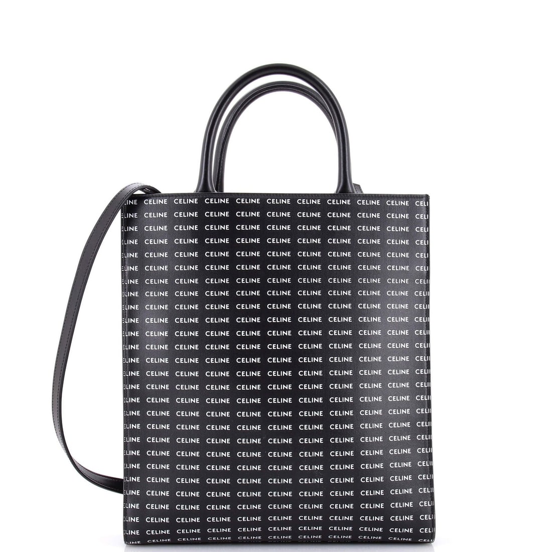 Vertical Cabas Print All Logo Tote Leather Small: Vertical Cabas Print All Logo Tote Leather Small Small Vertical Cabas Print All Logo Tote Leather Bag in Black with Gold Hardware, featuring an all-over logo print on the exterior and interior in blac