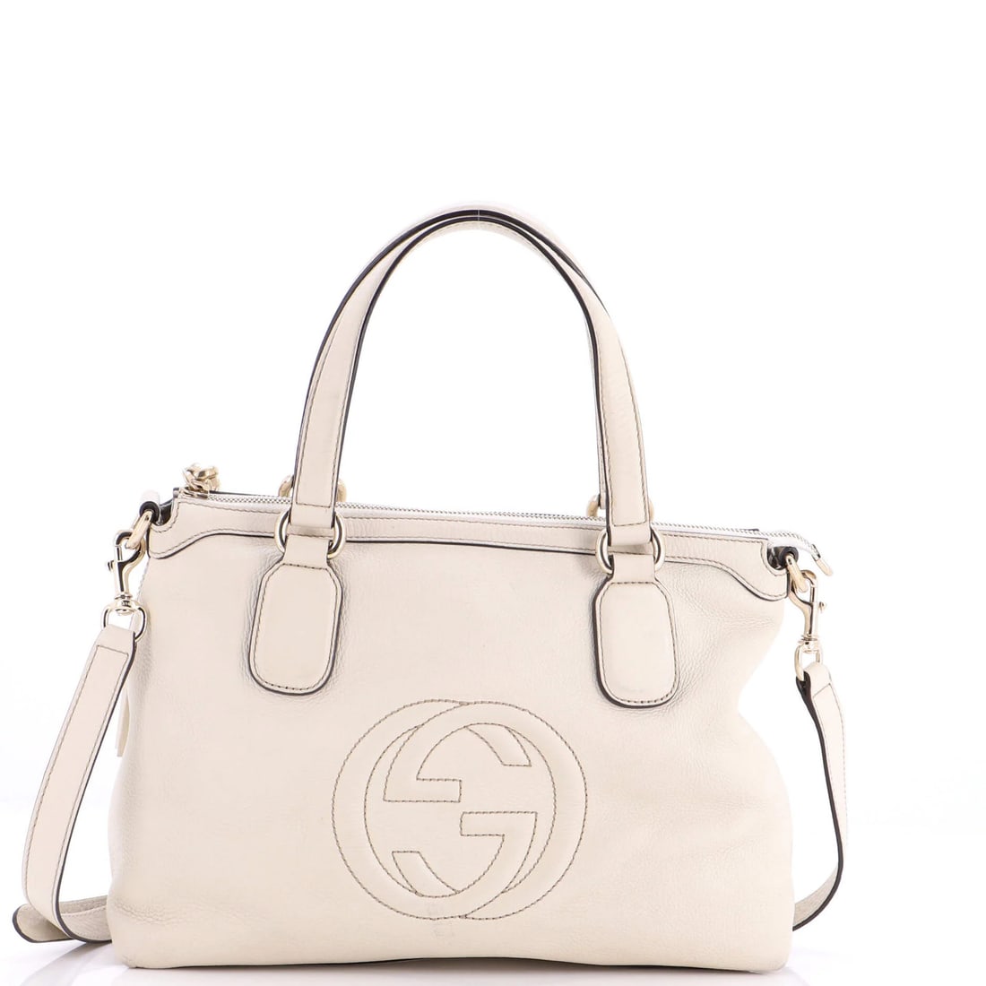 Gucci Soho Convertible Soft Top Handle Bag Leather: Gucci Soho Convertible Soft Top Handle Bag Leather The Gucci Soho Convertible Soft Top Handle Bag Leather features a neutral exterior with heavy splitting on tassels, scuffs, creases, corner wear,