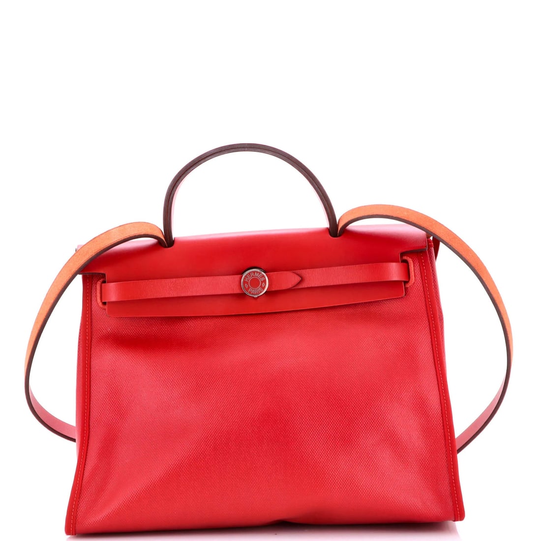 Herbag Vache Leather Canvas Berline Hermes Zip 31: Herbag Vache Leather Canvas Berline Hermes Zip 31 The Herbag Vache Leather Canvas Berline Hermes Zip 31 is a striking red shoulder bag with a pochette and palladium hardware. Measuring 10" high, 12"