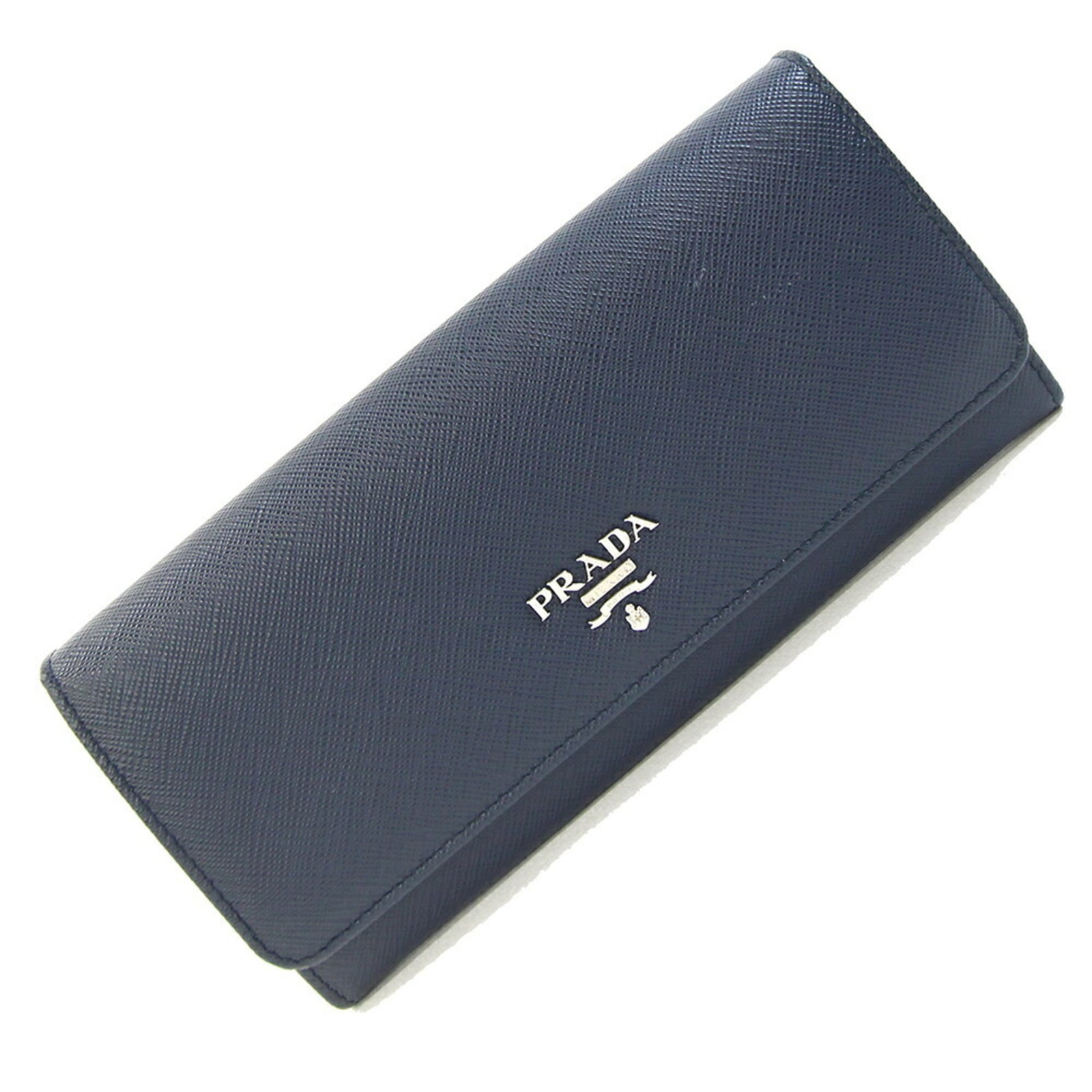 Prada Long Wallet (Bi-Fold) Leather: Prada Long Wallet (Bi-Fold) Leather Light blue and navy Prada long wallets are available, made from high-quality leather. The bi-fold design features a classic style with clean lines, while the light