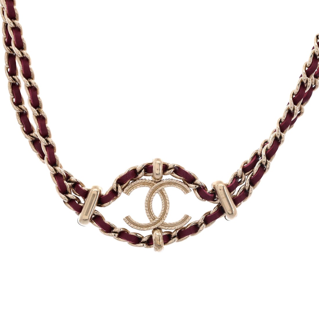 Chanel CC Triple Chain Lariat Necklace Metal with Leather and Faux Pearls: Chanel CC Triple Chain Lariat Necklace Metal with Leather and Faux Pearls Burgundy and gold Chanel CC Triple Chain Lariat Necklace Metal with Leather and Faux Pearls, featuring a striking triple
