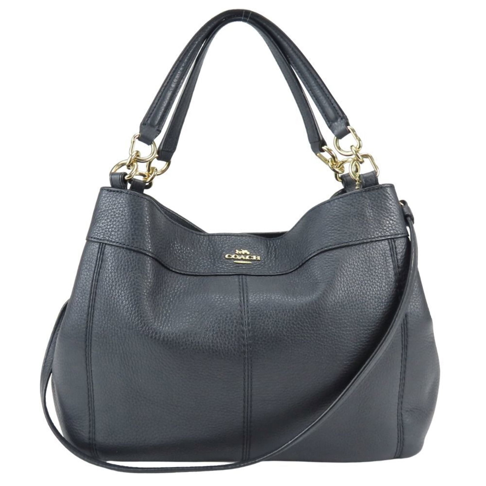 Bag Leather Tote Coach: Bag Leather Tote Coach Dark navy leather tote bag with a sleek design, featuring a magnet closure and sturdy straps. This everyday tote measures 22.5cm x 27cm x 8.5cm, weighing 610g, making it the