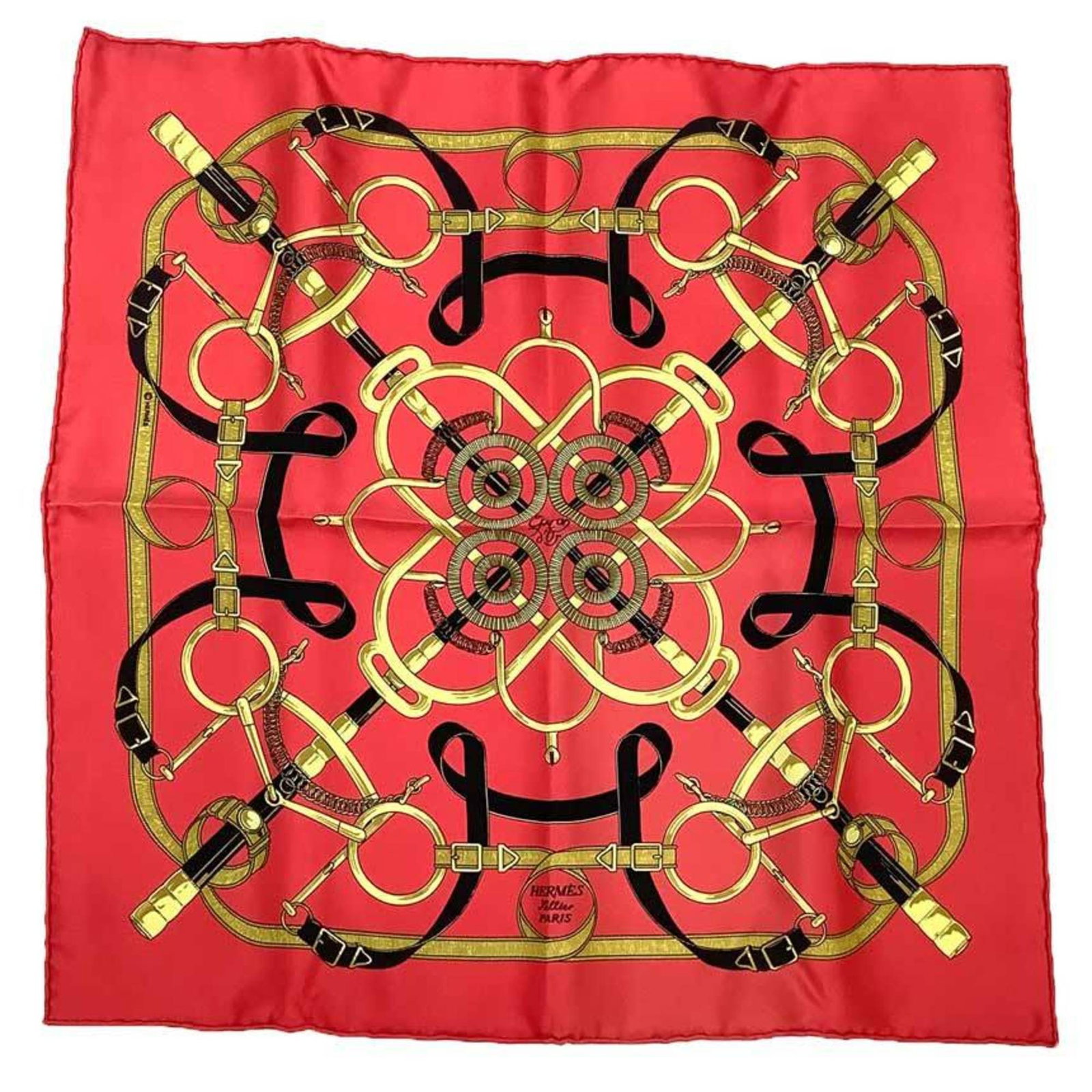 Hermes Silk Scarf: Hermes Silk Scarf Red silk scarf from the renowned French fashion house Hermes, measuring 42cm x 42cm. This elegant accessory comes in a luxurious box, showcasing the brand's signature craftsmanship a